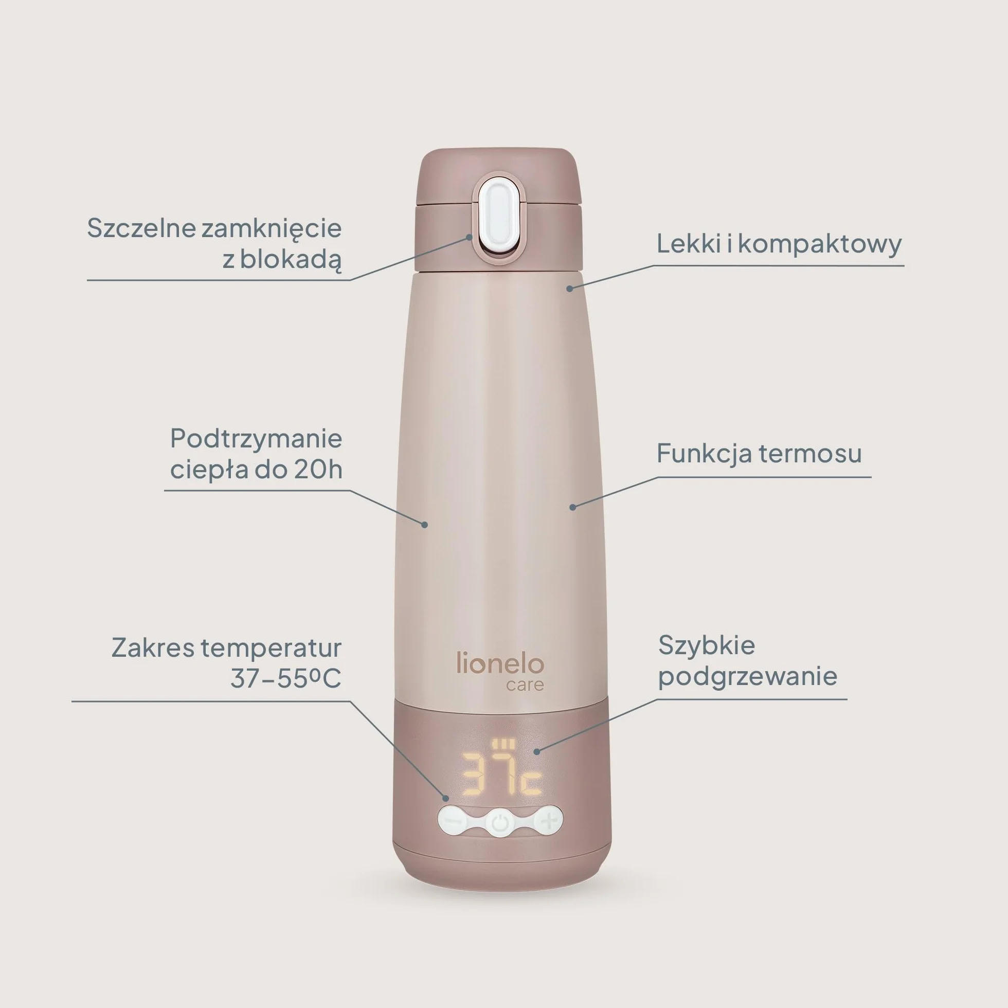 Lionelo Thermup Bottle przenośny podgrzewacz do butelek dla niemowląt, bezprzewodowy, z funkcją ogrzewania, podgrzewa mleko lub wodę w 3,5 min., 37-55 °C, utrzymuje ciepło do 20 h, stal nierdzewna