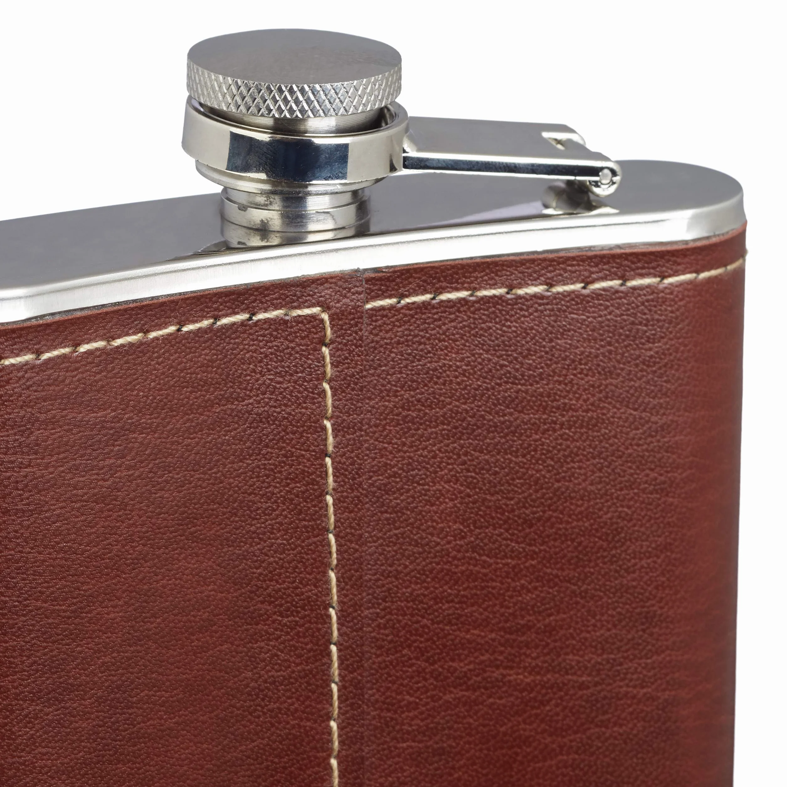 Relaxdays Flachmann 200 ml, butelka kieszonkowa ze stali nierdzewnej z etui ze sztucznej skóry, mała piersiówka w podróży, brązowa, 1 sztuka sztuczna skóra