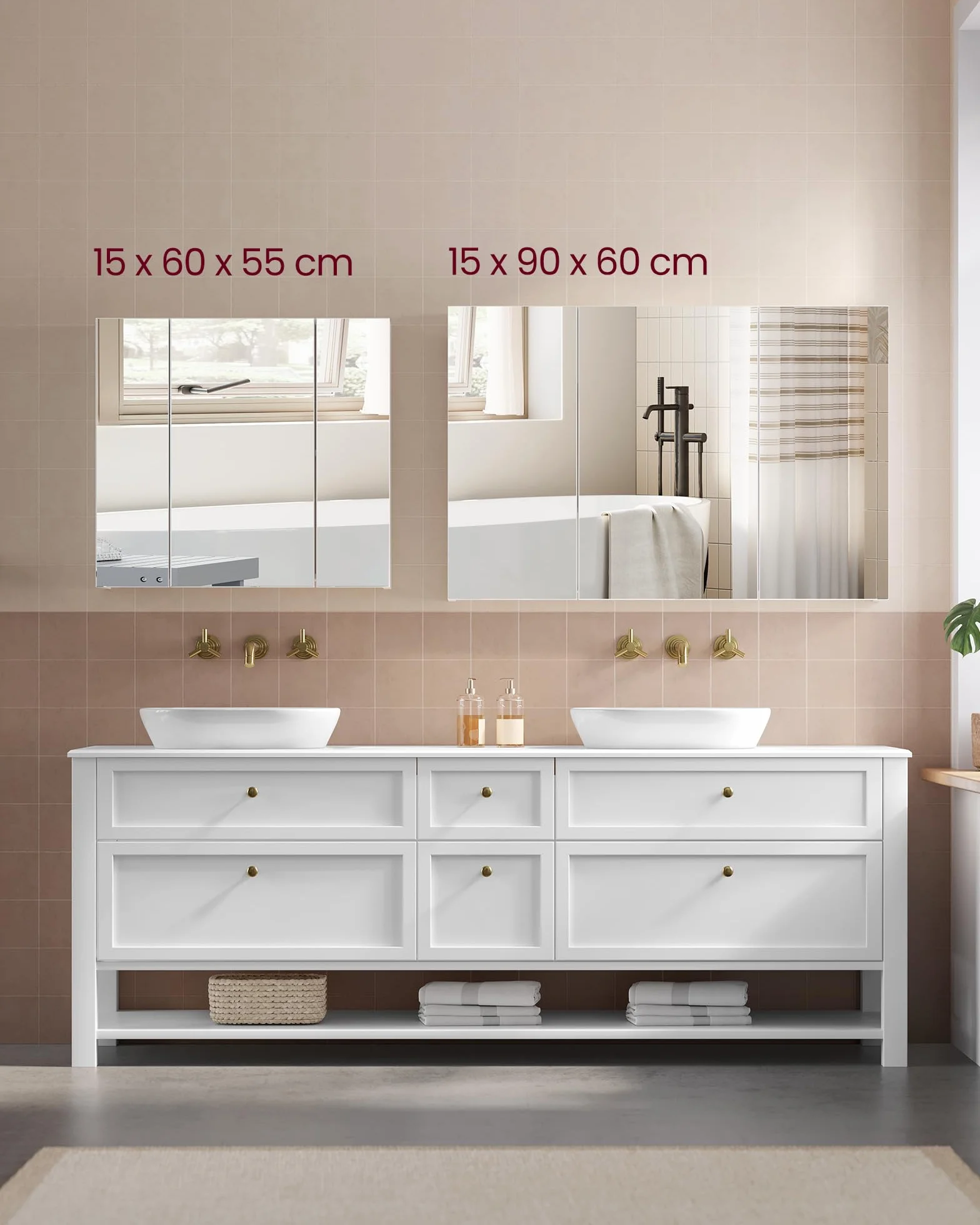 VASAGLE BBK22WT szafka ścienna, łazienka, szafka z lustrem, szafka do przechowywania 3 drzwi, 60 x 15 x 55 cm, z regulowanym regałem, nowoczesna, biała, BBK22WT