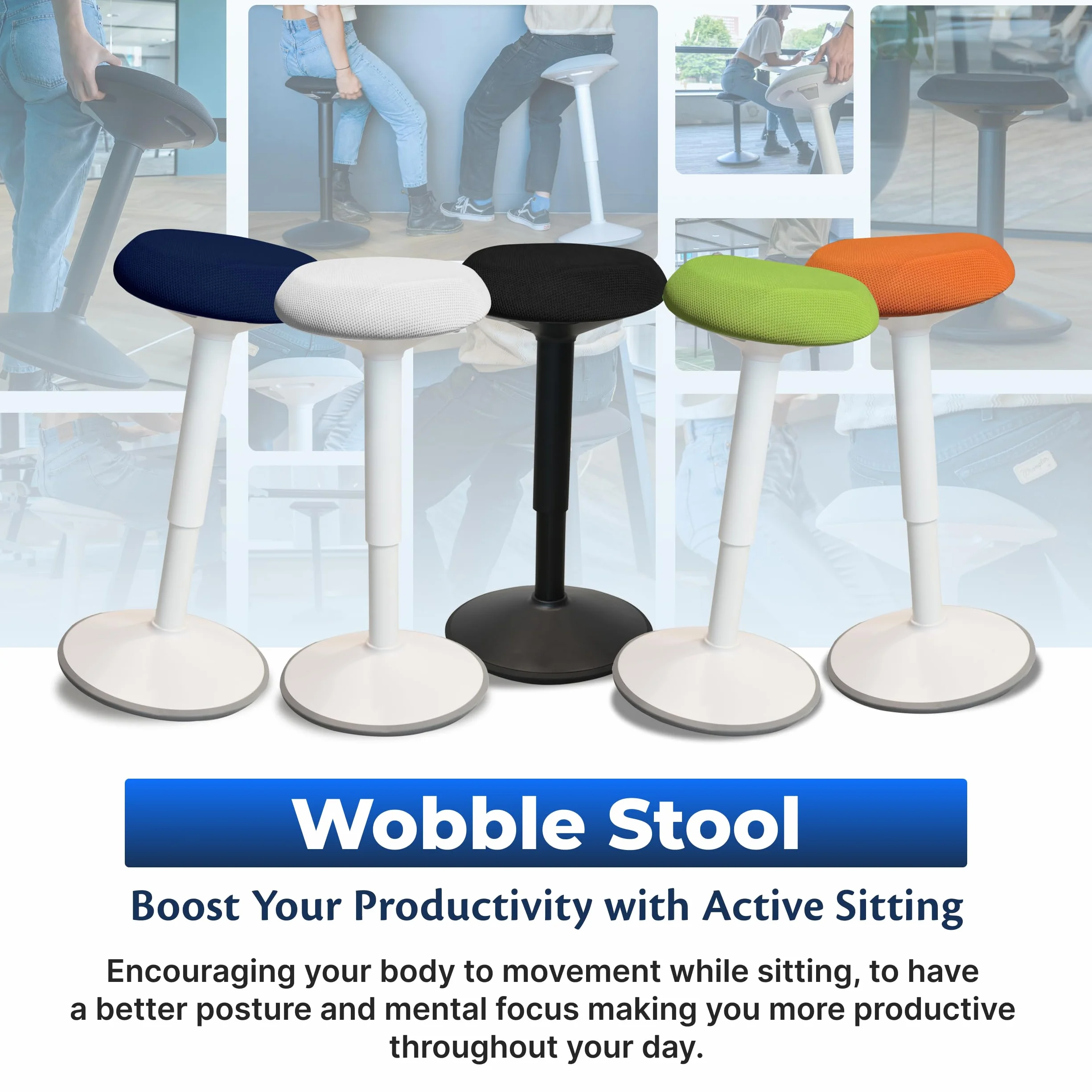 Backerz Ergonomiczny stołek biurowy – regulowana wysokość, stolnik drżący 40-60 cm – aktywne krzesło biurowe do stania z antypoślizgową podstawą do aktywnego przechyłu – biały
