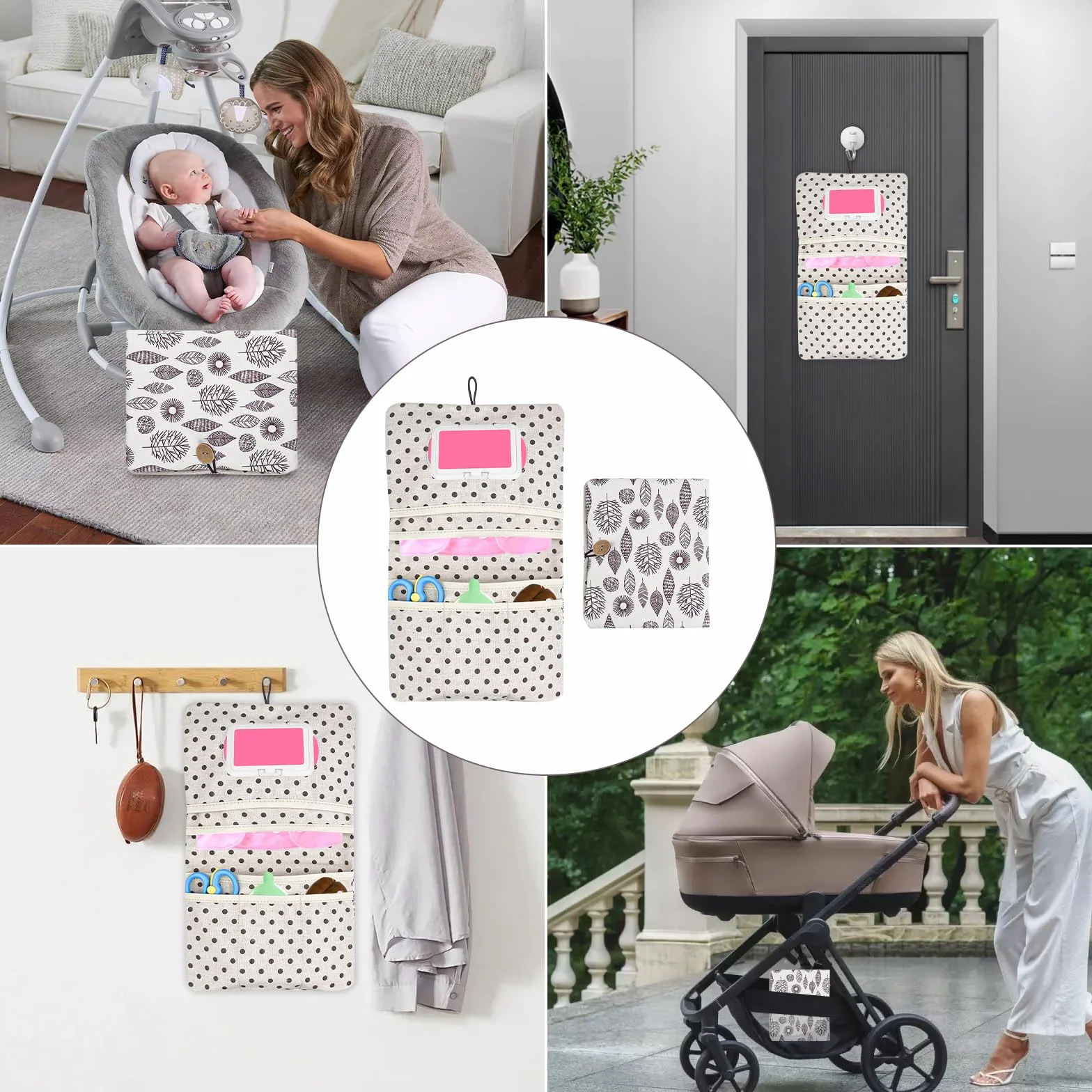 2w1 Torba na pieluchy dla niemowląt, Home Organizer Kosmetyczka(Liść)