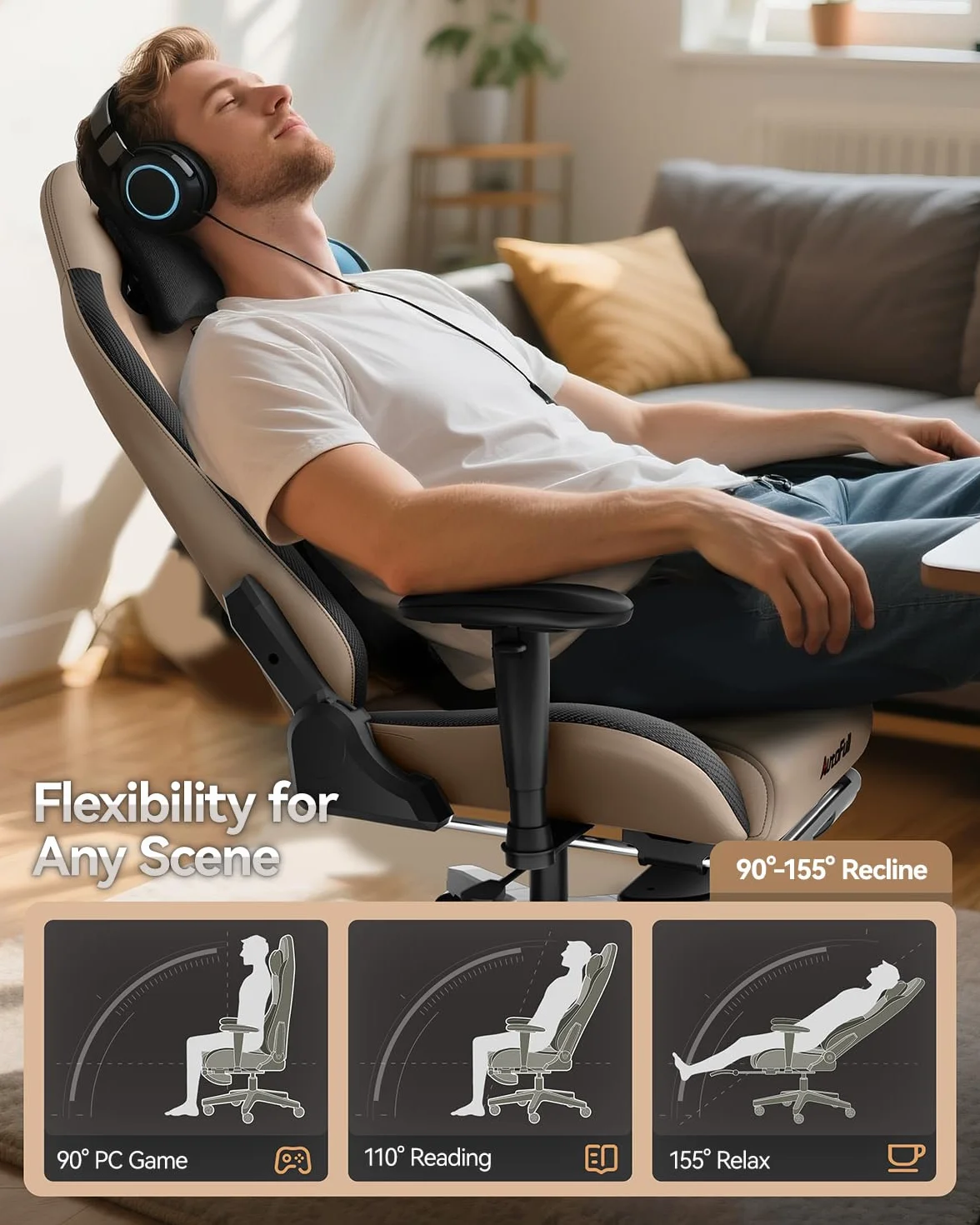 AutoFull C3 Ergonomiczny fotel biurowy z bionicznym podparciem lędźwiowym 3D, styl wyścigowy, wysokiej jakości skóra poliuretanowa, dla graczy, z podnóżkiem i zagłówkiem, brązowy