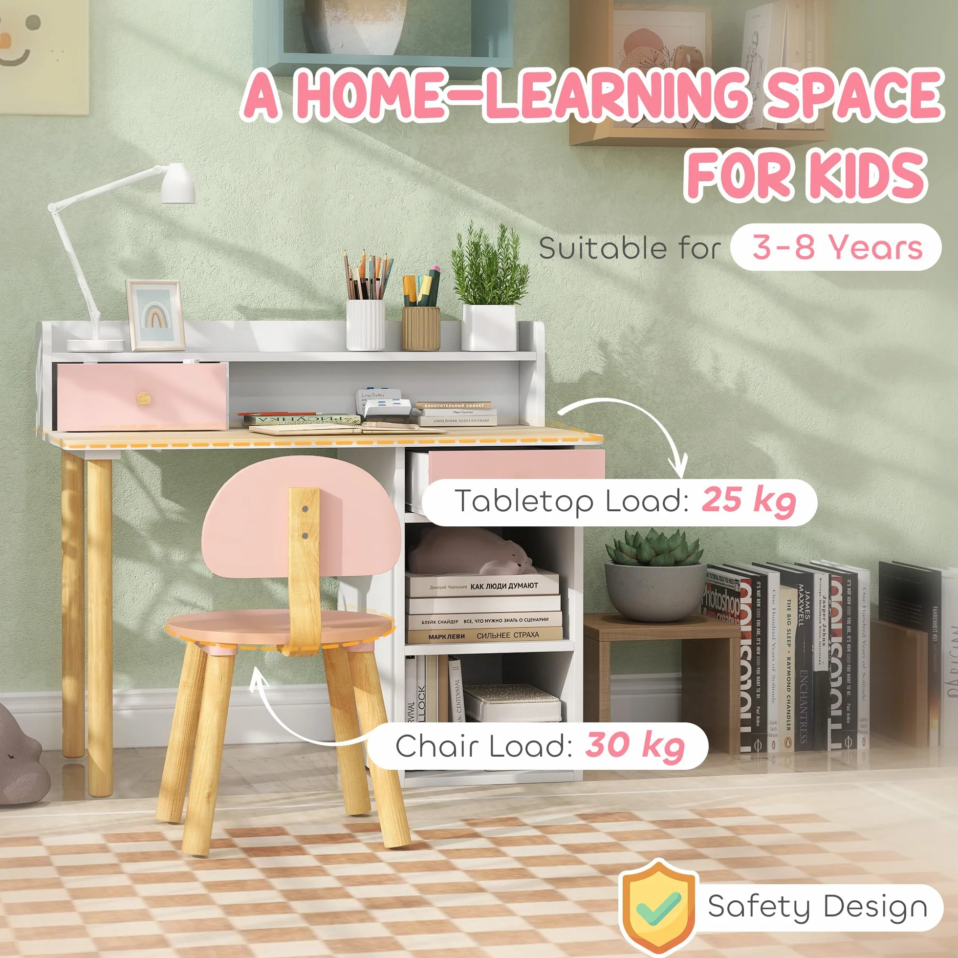 AIYAPLAY Kids Desk and Chair Set, Children Study Table with Hutch, Storage, Drawer, Shelves, for Studying, Reading, Drawing, for Ages 3-8 Years, Pink