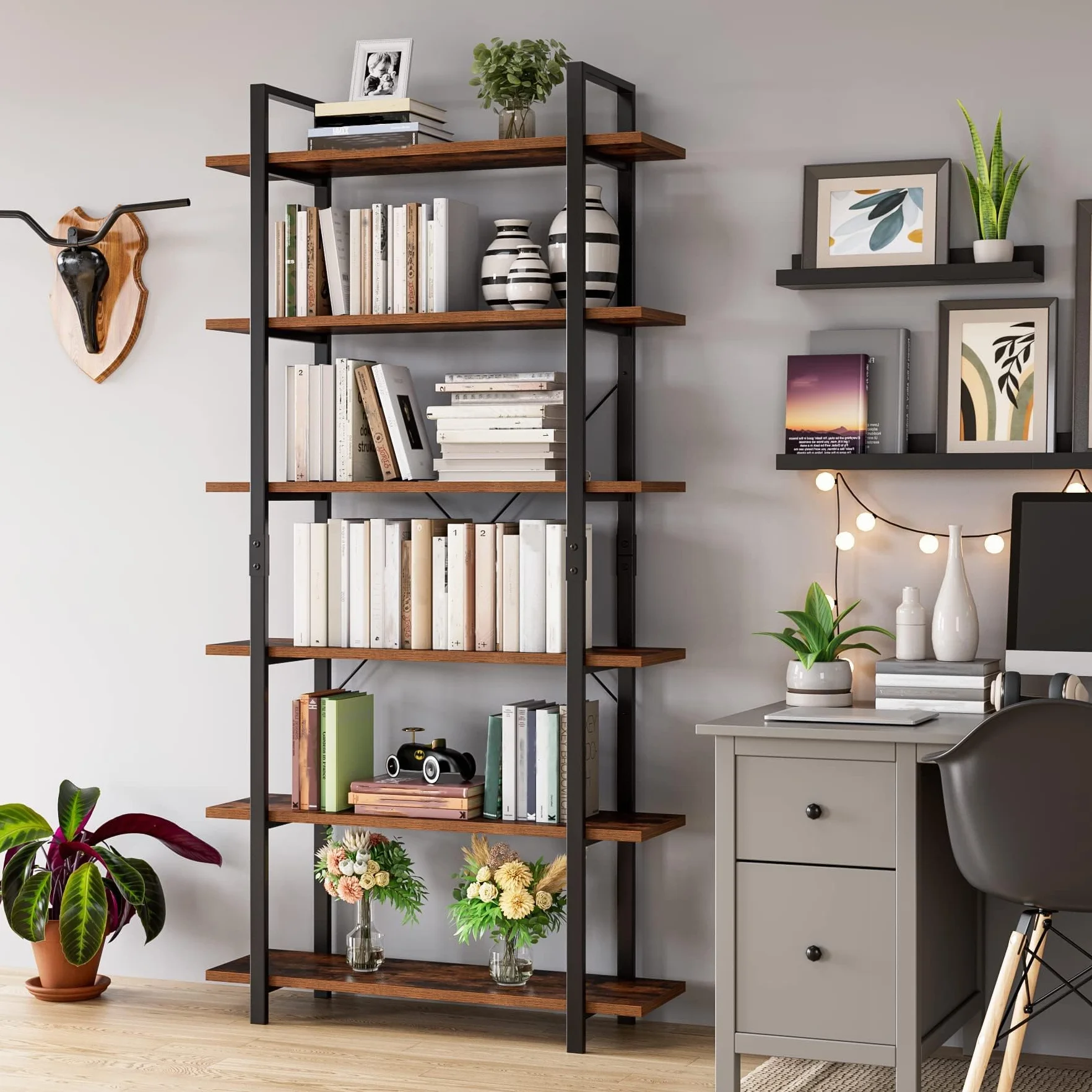 FirFurd Regał na książki, stojący regał z 6 poziomami, Regał do salonu, industrialny, Regał do przechowywania, drewna i metalu, 105,2 x 33 x 210,5cm