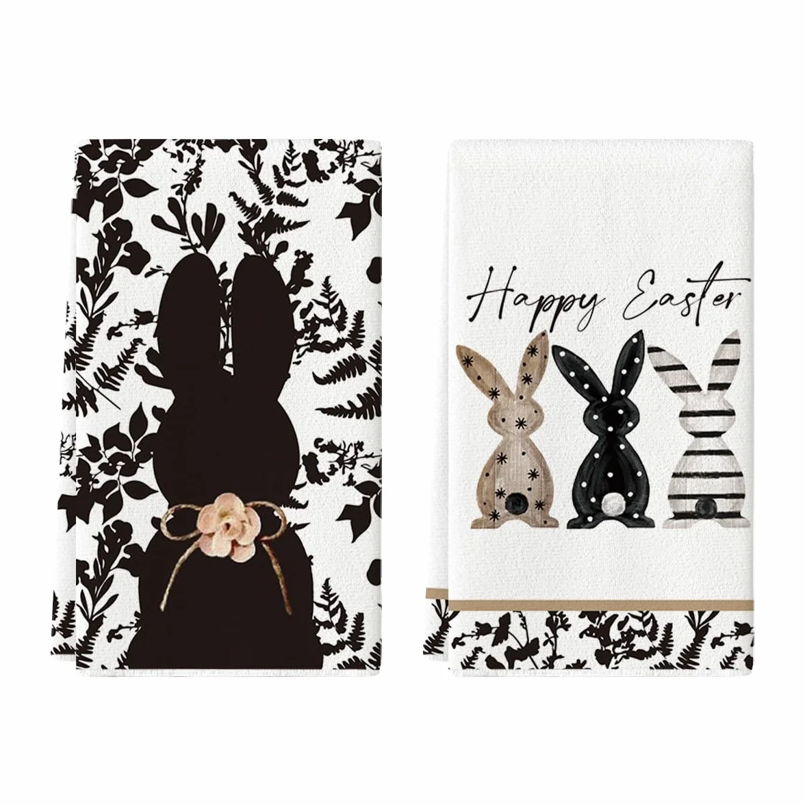 Artoid Mode Czarne króliki kwiaty liście Happy Easter kuchenne ręczniki do naczyń, 42 x 65 cm wiosna poliester dekoracja ręczniki do herbaty zestaw 2 szt