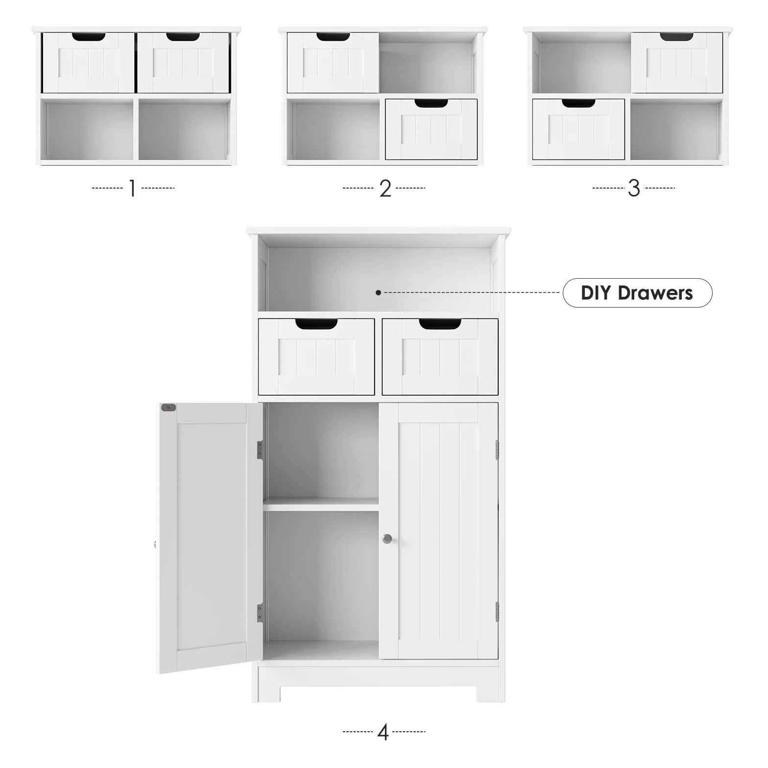 HOCSOK Szafka łazienkowa z 2 szufladami i 2 drzwiami, szafka do przechowywania z regulowanymi półkami, do łazienki, salonu, sypialni, biała