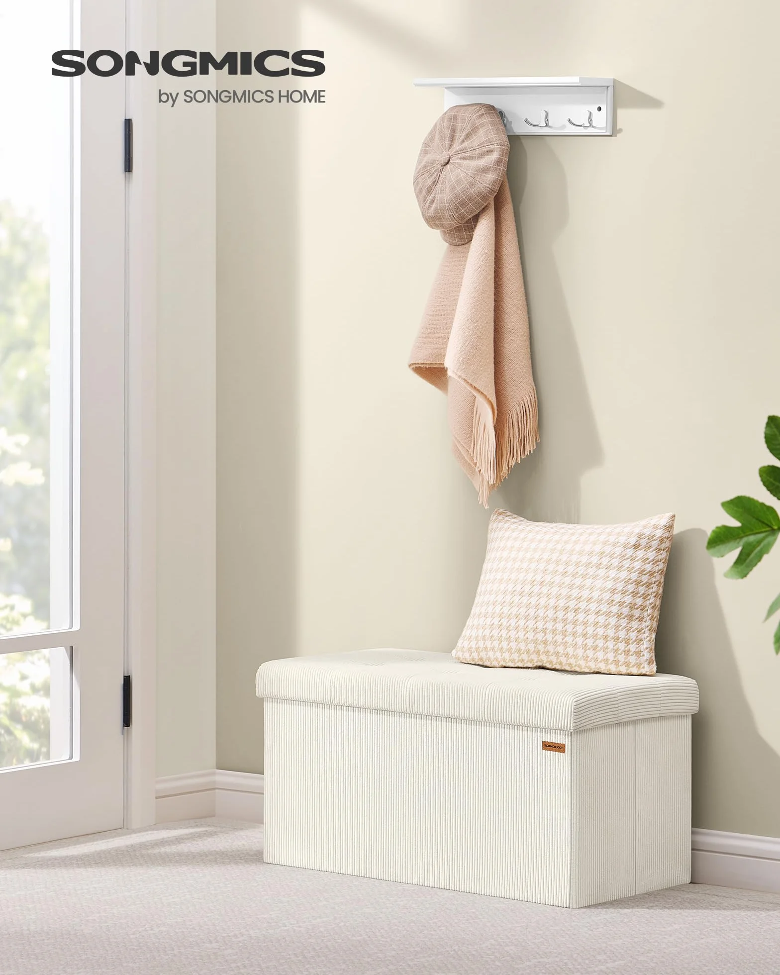 SONGMICS Podnóżek ze schowkiem, składana ławka, 38 x 76 x 38 cm, podnóżek, sofa rozkładana, pojemnik na rzeczy, ładowność do 300 kg, salon, sypialnia, korytarz, kremowo-biały LSF603W01