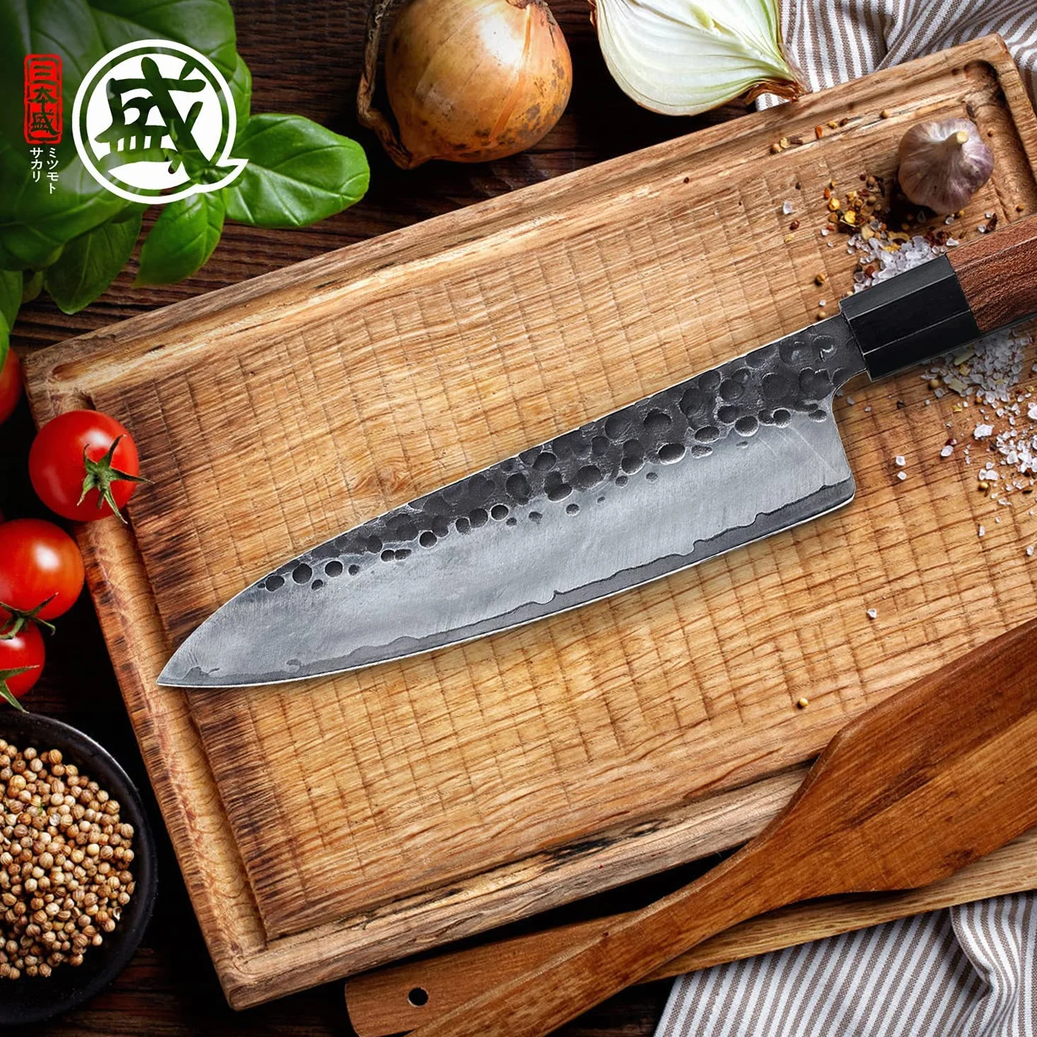 MITSUMOTO SAKARI 22 cm Japoński Nóż Kuchenny, Nóż Szefa Kuchni z Wysokowęglowej Stali Nierdzewnej, Ręcznie Kuty Profesjonalny Nóż Gyotou(Uchwyt z Drewna Różanego)