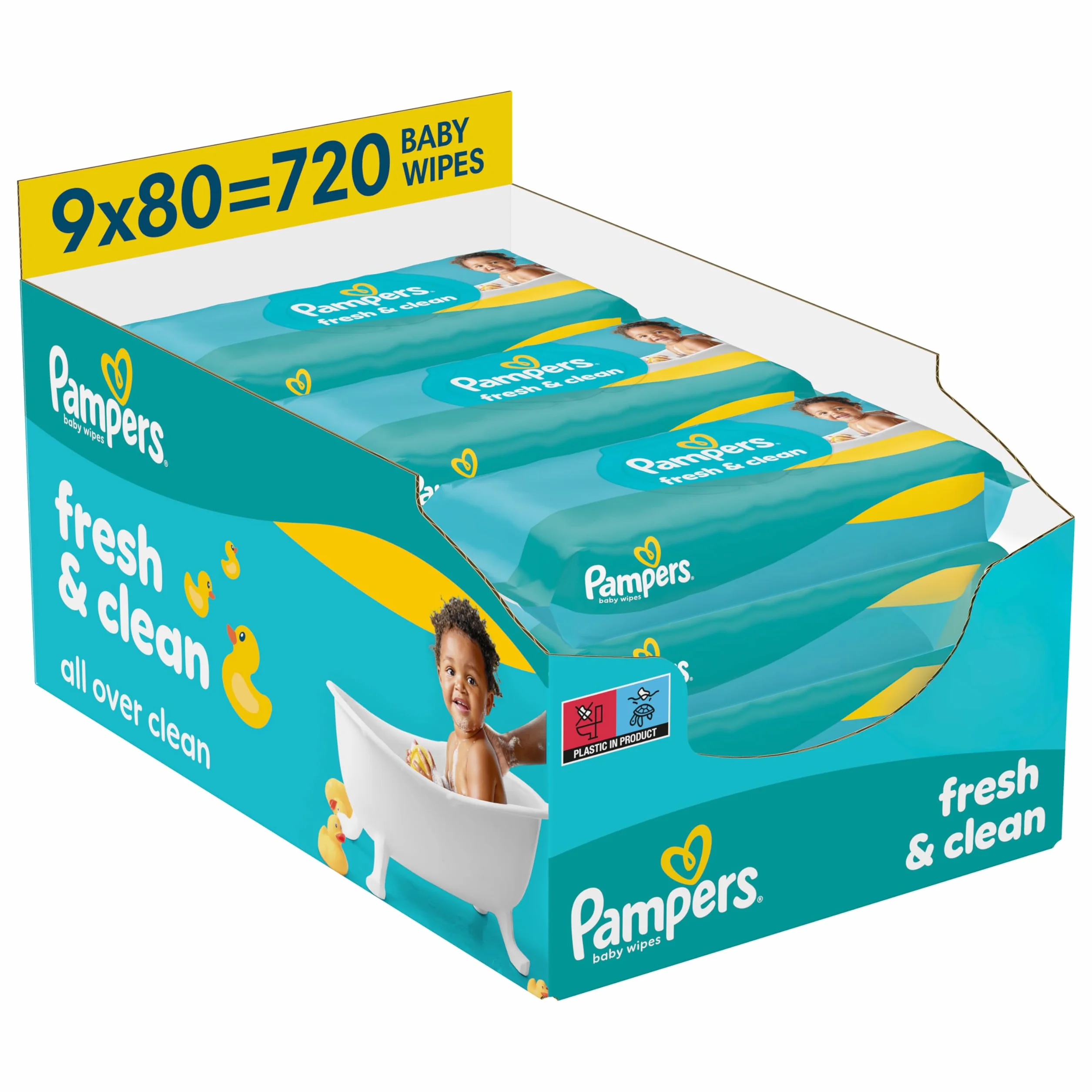 Pampers Fresh Clean Chusteczki Nawilżane Dla Dzieci, 9 Opakowania po 80 Chusteczek = 720 szt., Oczyszczanie Całego Ciała