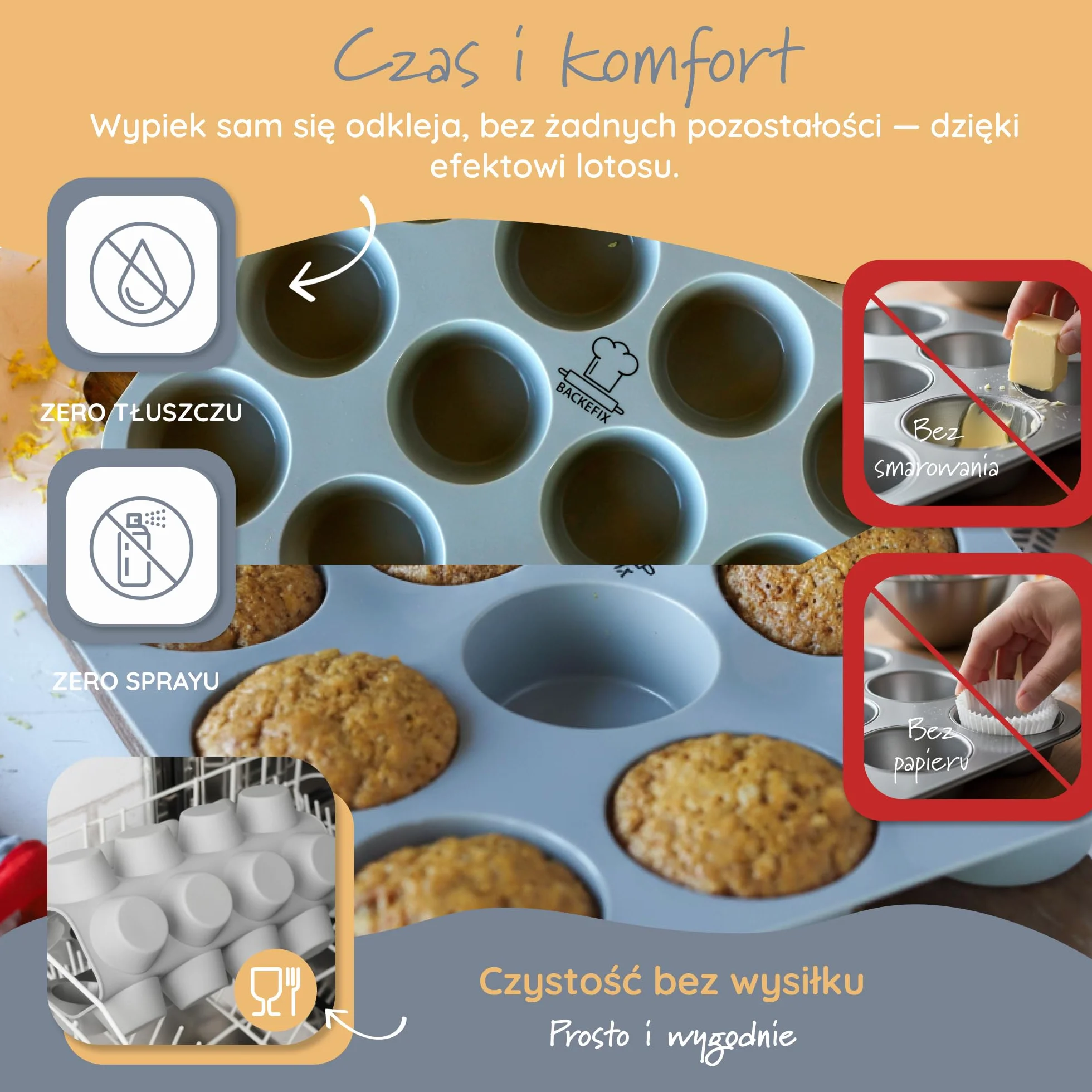 Backefix elastyczna silikonowa forma do muffinek (12 szt.) – forma na muffiny z platynowego silikonu, nieprzywierająca, do zmywarki, bez BPA i PFAS, dla równomiernych muffinów, babeczek i cupcakes