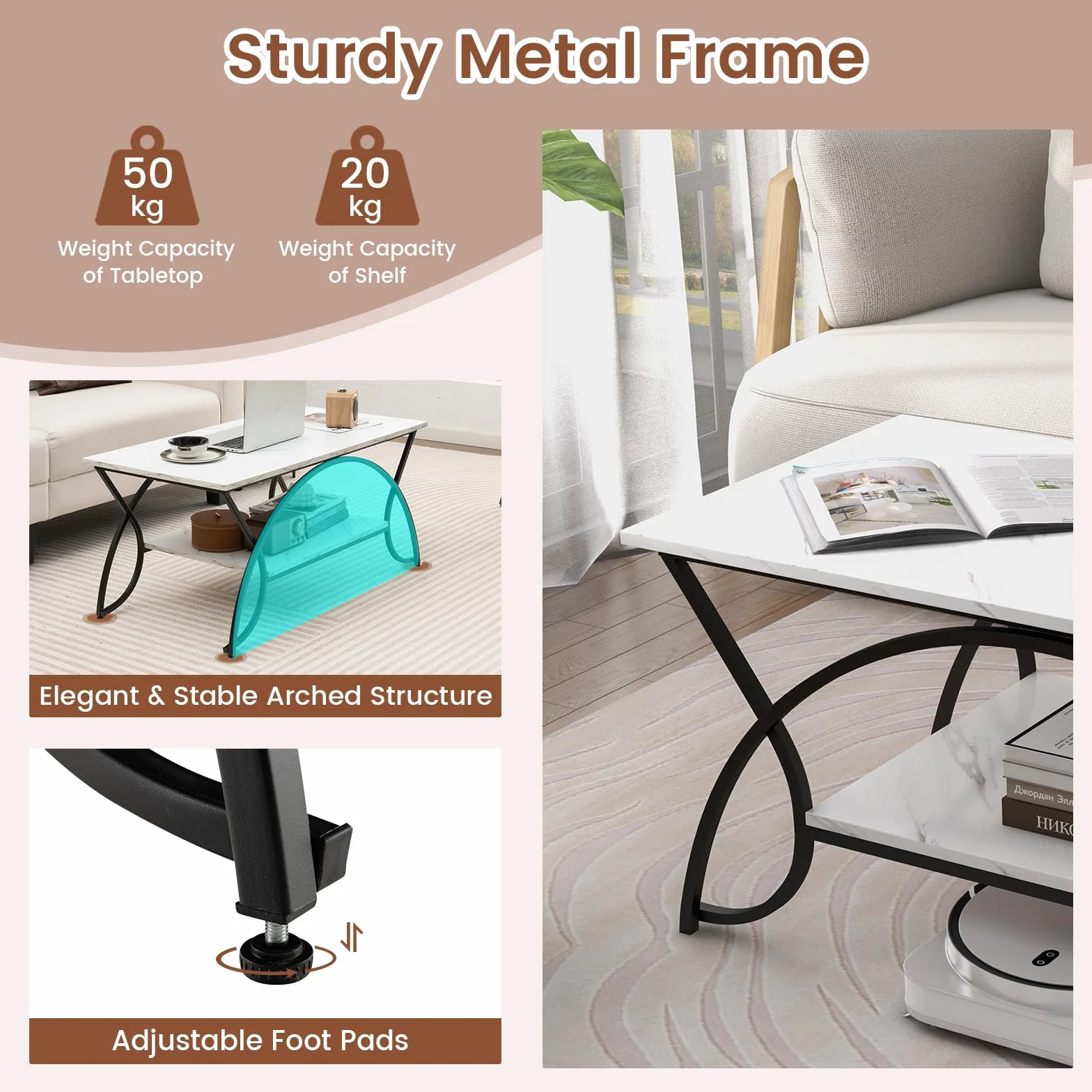 GIANTEX Stolik kawowy marmurowy czarny 100 x 50 x 45 cm metalowe nogi 2 półki