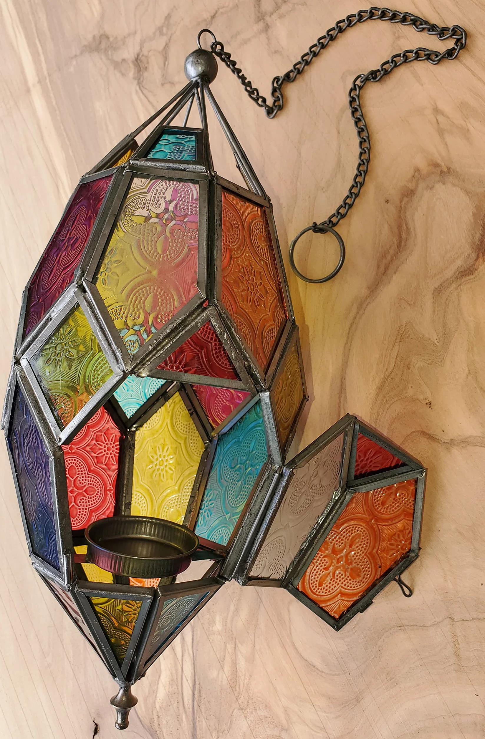 Wisząca szklana latarnia tealight w stylu marokańskim (duża zielona/niebieska)
