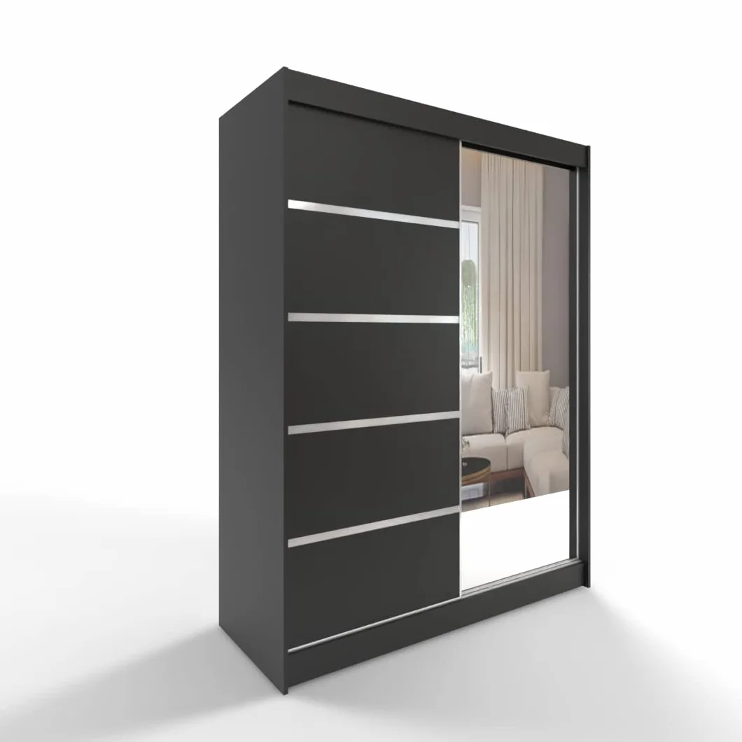 ML Furniture V5 szafa przesuwna 150 cm z lustrem, szafa na ubrania do sypialni, salonu - 150 x 200 x 58 cm, kolor: czarny, szafa z drzwiami przesuwnymi