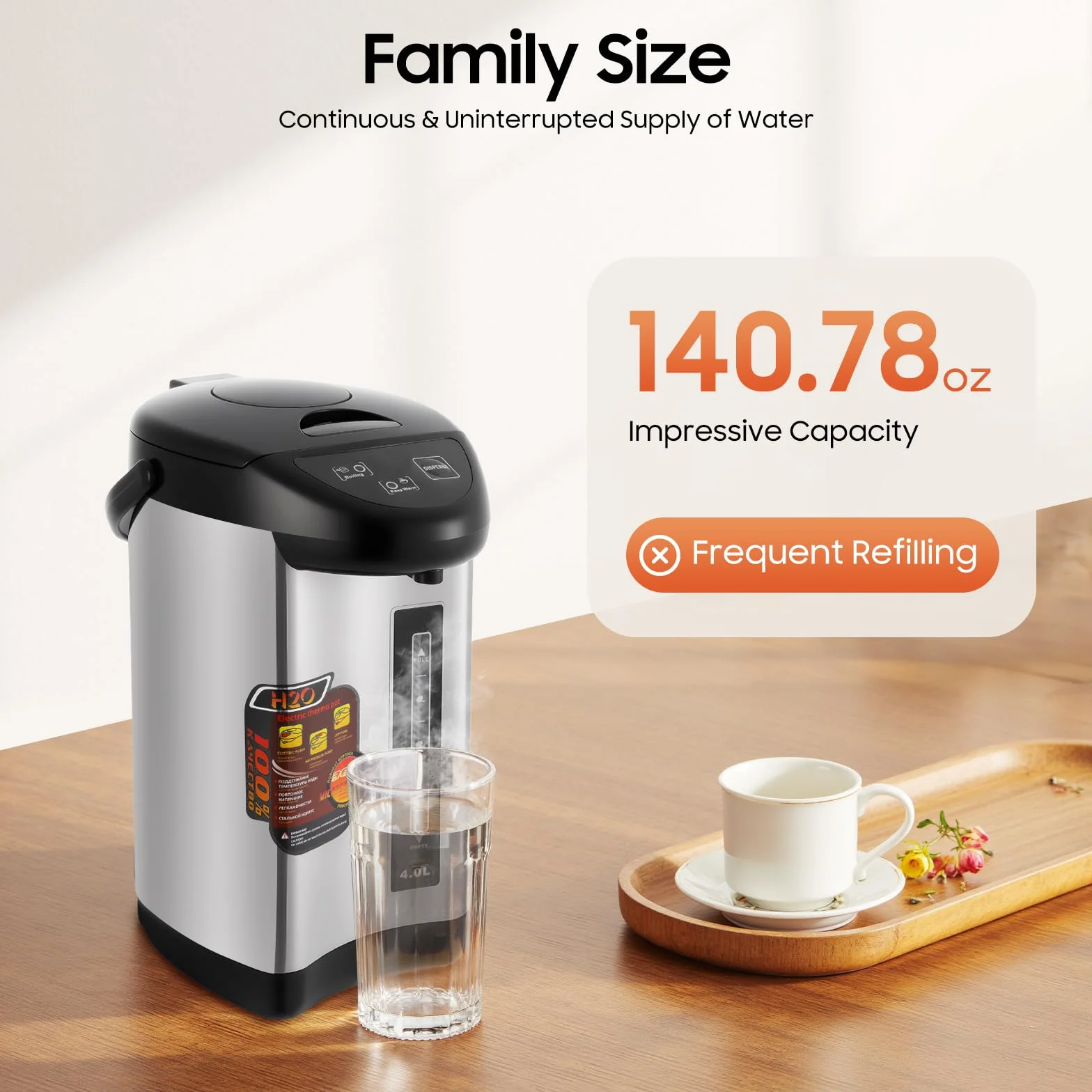 MINRS Thermopot 4 litry, dozownik gorącej wody, stal nierdzewna, podwójne ścianki, utrzymanie ciepła, czarny