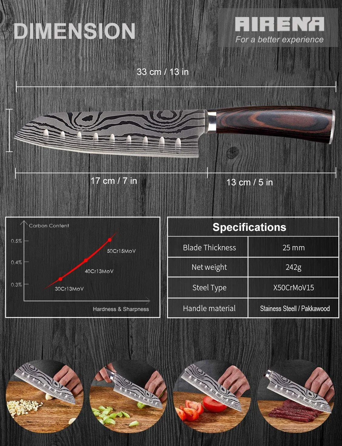 Japoński nóż Santoku, profesjonalne 7-calowe noże kuchenne, niemiecka stal nierdzewna węglowa, ostre jak brzytwa – odporne na plamy i korozję, ergonomiczny uchwyt, idealny do domowej kuchni i restauracji