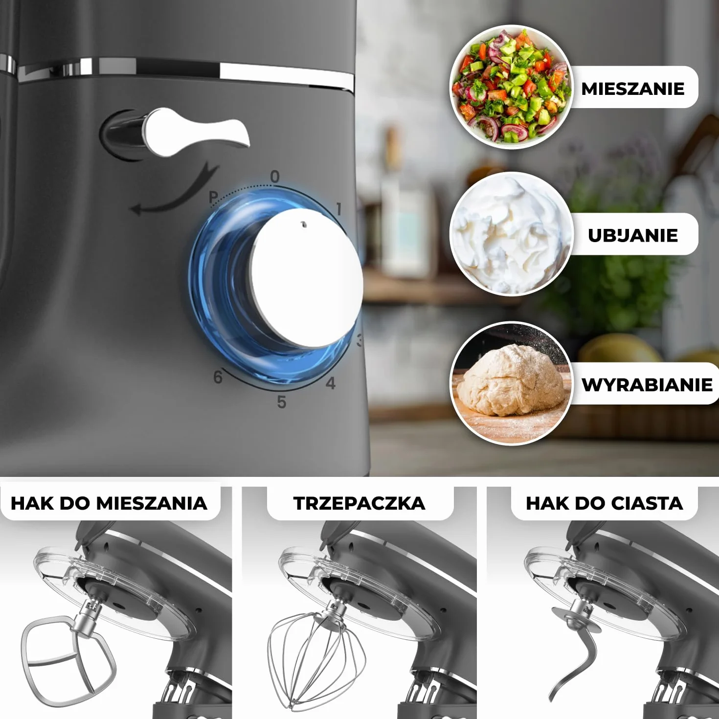 Młynek do ciasta z maszynką do makaronu – 2000W – mieszarka z maszynką do makaronu elektryczna – pasta maker - 6,2L stalowa misa do mieszania (szary)