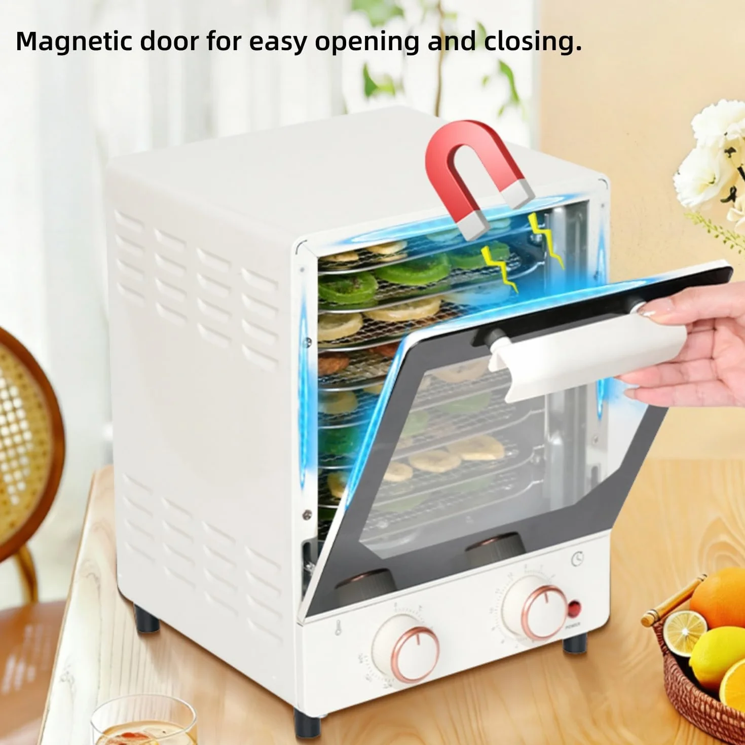 Suszarka do żywności 250W, 30℃-90℃ z podwójnym pokrętłem do suszenia owoców | Suszarka z siatki ze stali nierdzewnej 304, magnetyczne przezroczyste drzwi szklane, do domowych chipsów owocowych - 8 warstw
