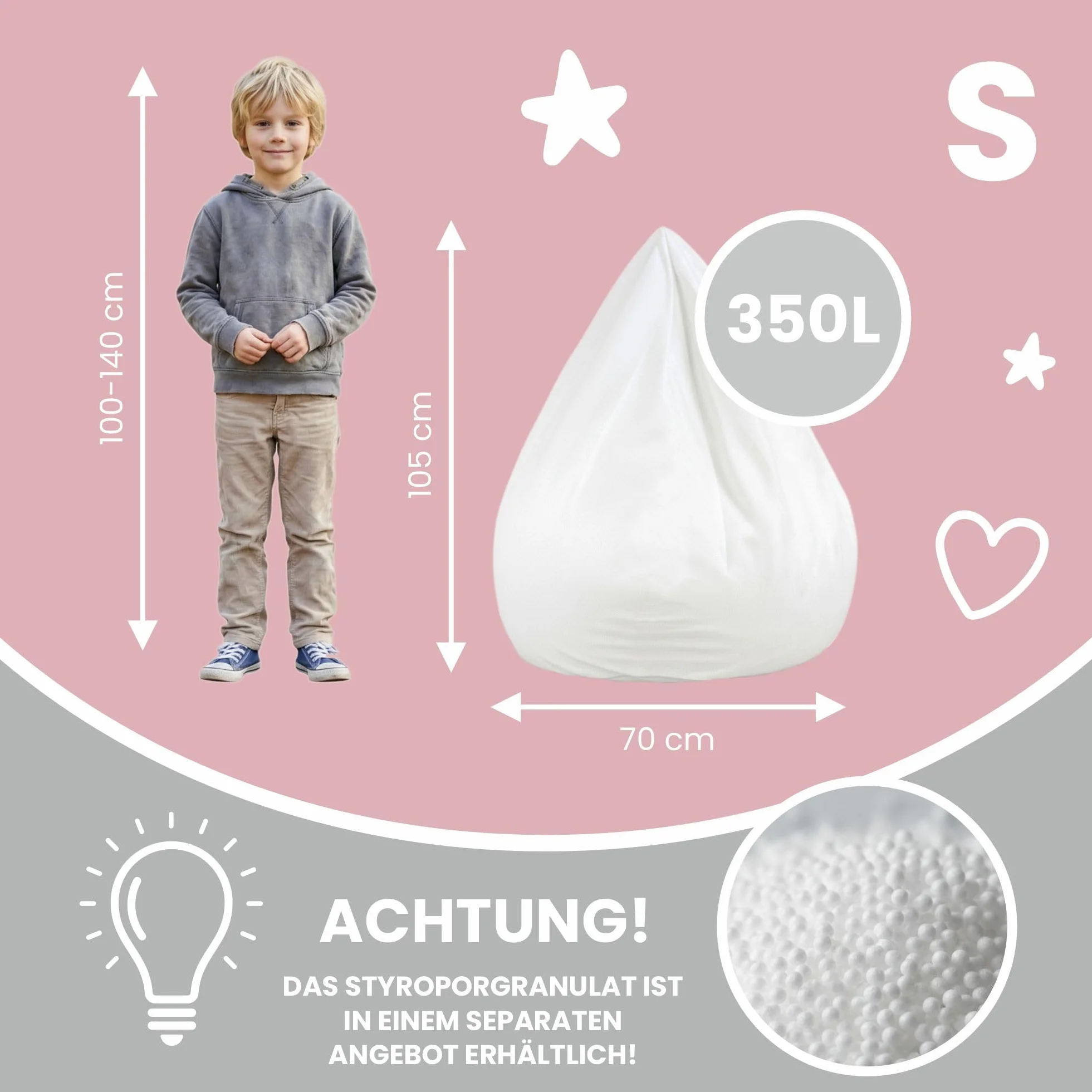 DreamRoots Wewnętrzna poszewka na pufę S 70x105 cm do wypełnienia kulkami styropianowymi – wewnętrzny worek bez wypełnienia do pufy gruszkowej i worka sako