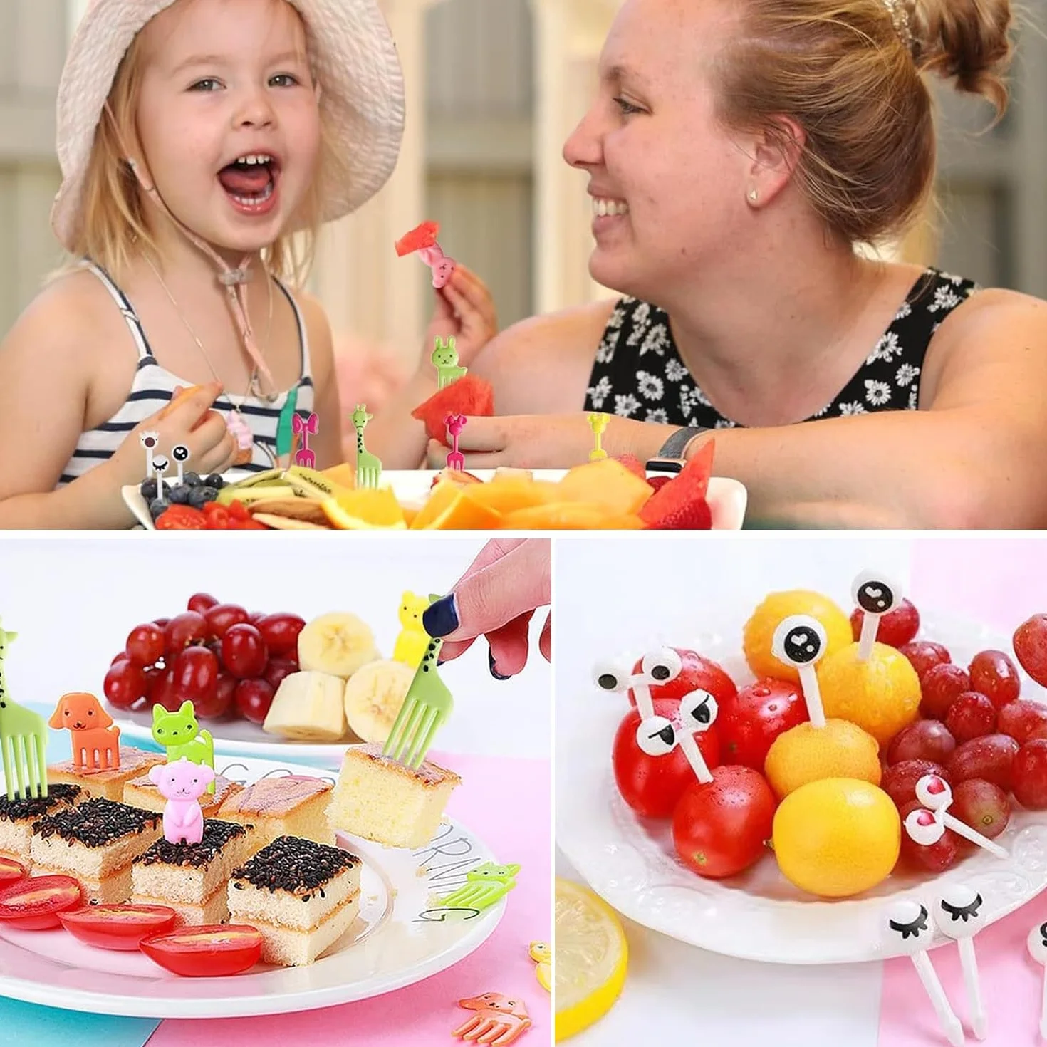 Food Picks dzieci 60 sztuk zwierzęce oczy owoce szaszłyki piekser przekąski mini widelce owoce widelce chleb pudełko akcesoria owoce wykałaczka na deser owoce dzieci impreza Boże Narodzenie