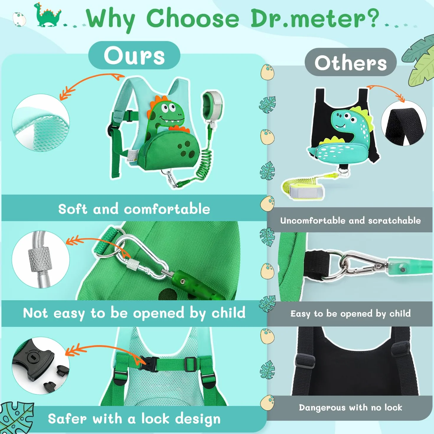 Dr.meter Uprząż 3 w 1 dla malucha, plecak z lejcami 30 cm, uroczy dinozaur, dziecięcy pas bezpieczeństwa z zabezpieczeniem kluczykiem, pasy ochronne dla dzieci podczas spacerów na świeżym powietrzu