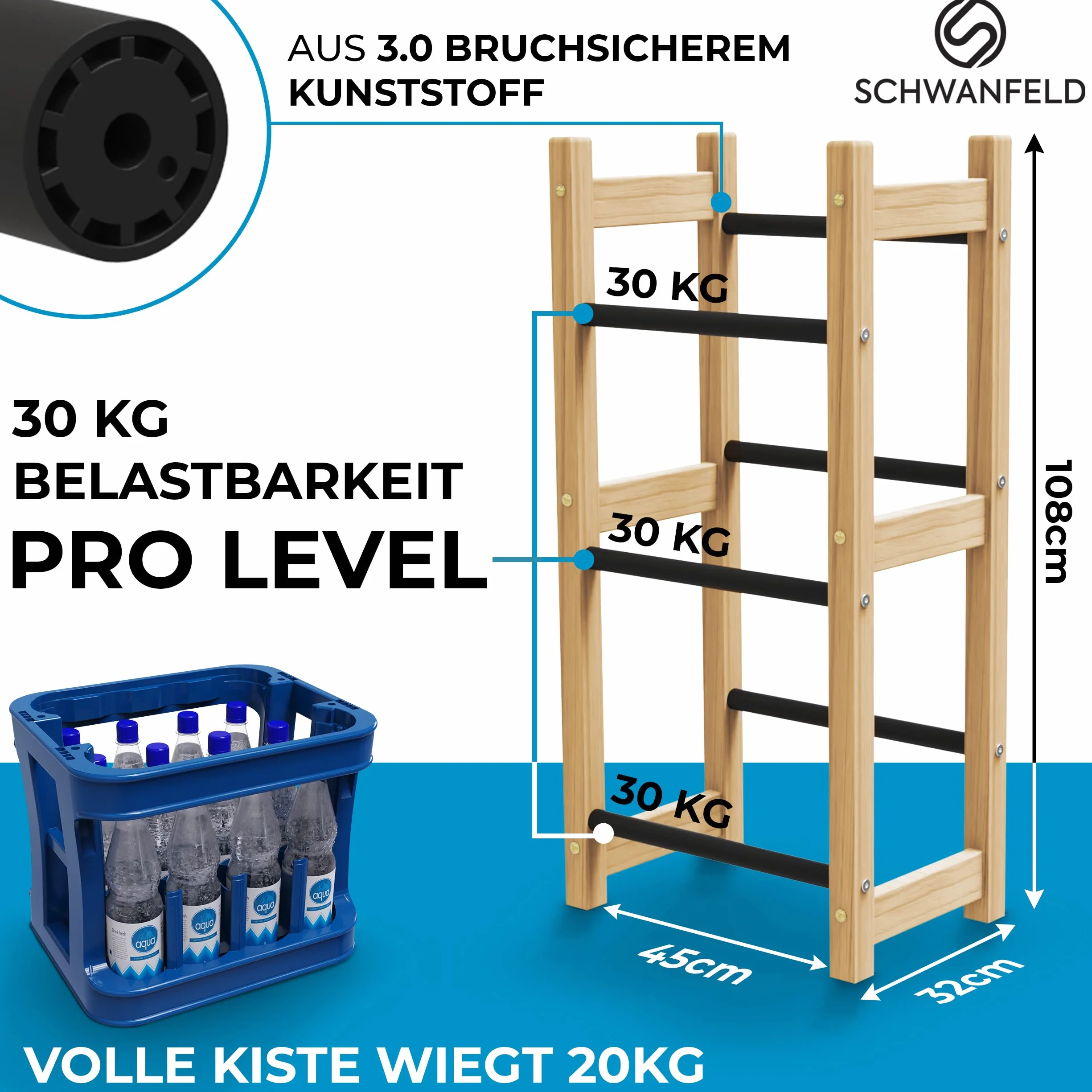 Schwanfeld® Regał na 3 skrzynki na napoje [odpowiedni do każdego rodzaju skrzynek] – w zestawie instrukcja montażu, śruby, klucz imbusowy – regał na napoje z wysokiej jakości drewna FSC – stabilny regał na skrzynki