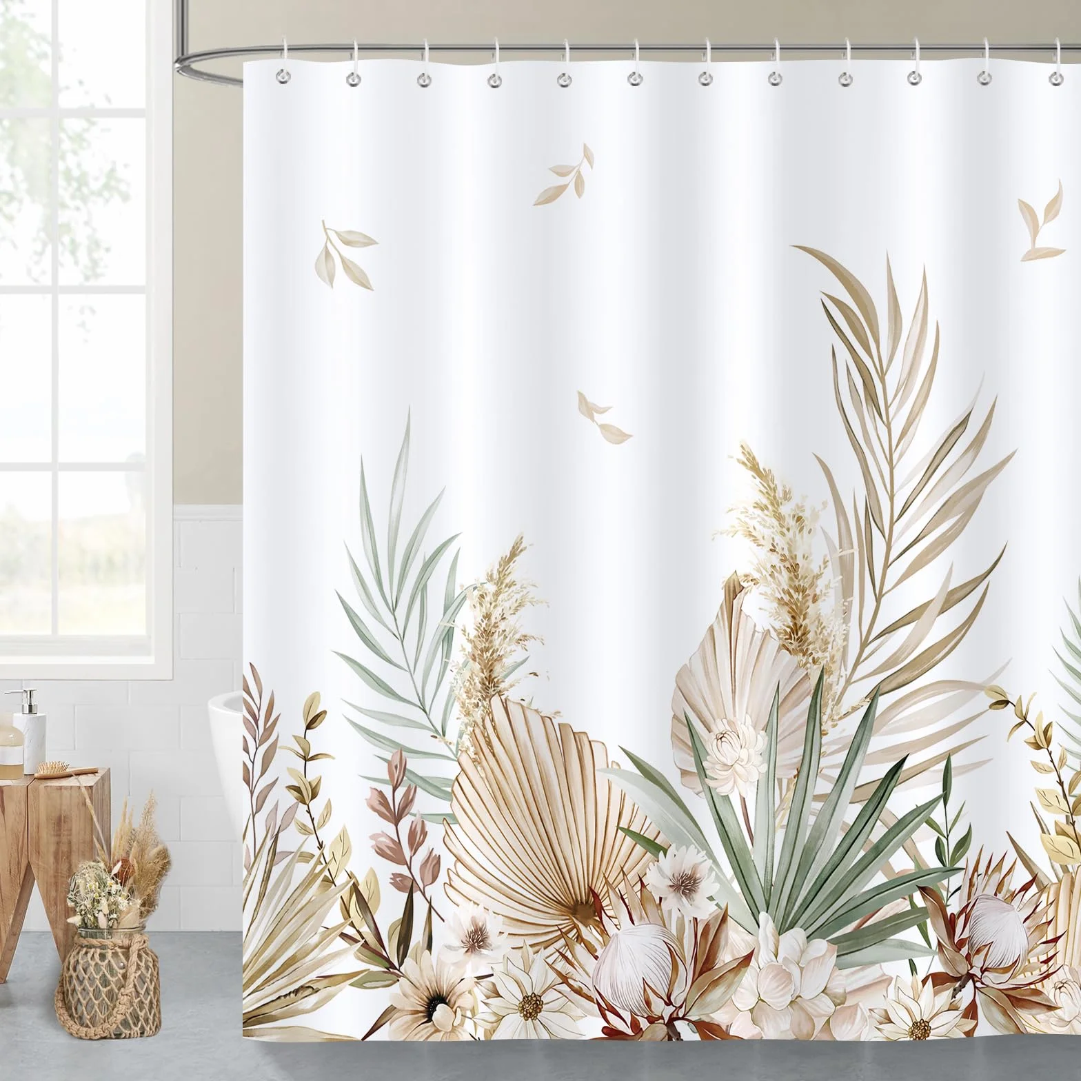 Bonhause Boho zasłona prysznicowa z liśćmi palmowymi, kwiatowa, zasłona łazienkowa, 180 x 180 cm, wodoodporna, odporna na pleśń i pleśń, tkanina poliestrowa, zasłona łazienkowa z 12 haczykami