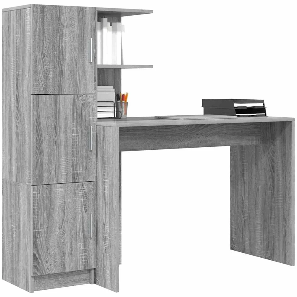 Biurko Sonoma szary materiał drewnopochodny z miejscem do przechowywania i regałem, 133,5 x 50 x 124 cm, 2-częściowe, ergonomiczne, nie zajmuje dużo miejsca, do biura, domowego biura i miejsca