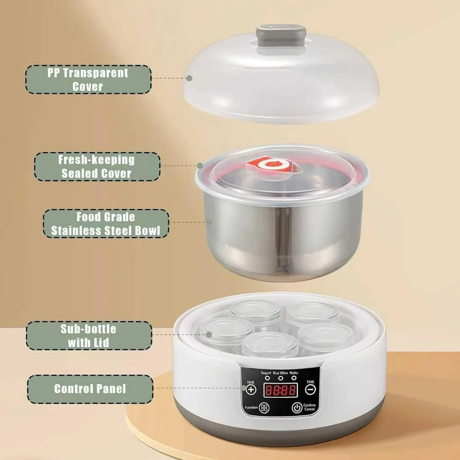 COYEUX Automatyczny ekspres do jogurtu 1,2 l/1,6 l, z wyświetlaczem LED i timerem, wkładka ze stali nierdzewnej, automatyczna regulacja stałej temperatury, do domowego jogurtu organicznego, natto