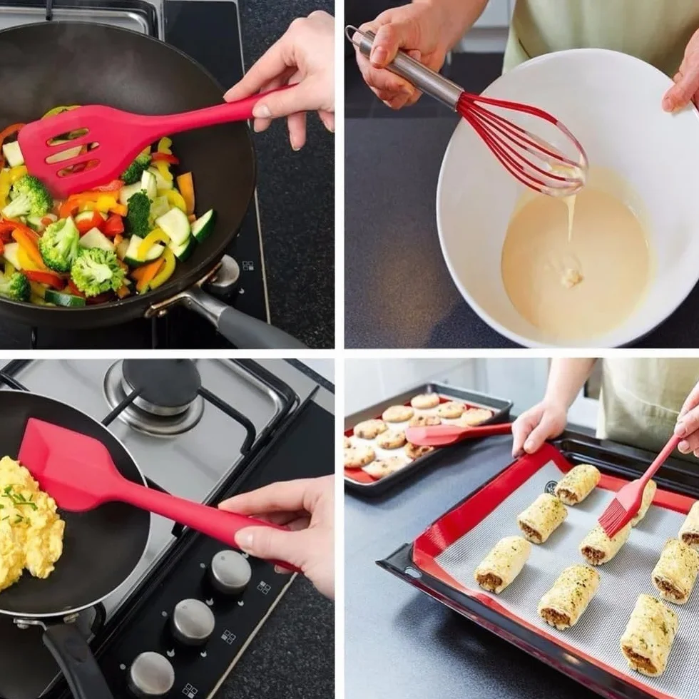 Zestaw do gotowania przyborów kuchennych zawiera 10 sztuk nieprzywierających naczyń do spaghetti, chochlę do zupy, łopatkę szczelinową, trzepaczkę (czerwona)