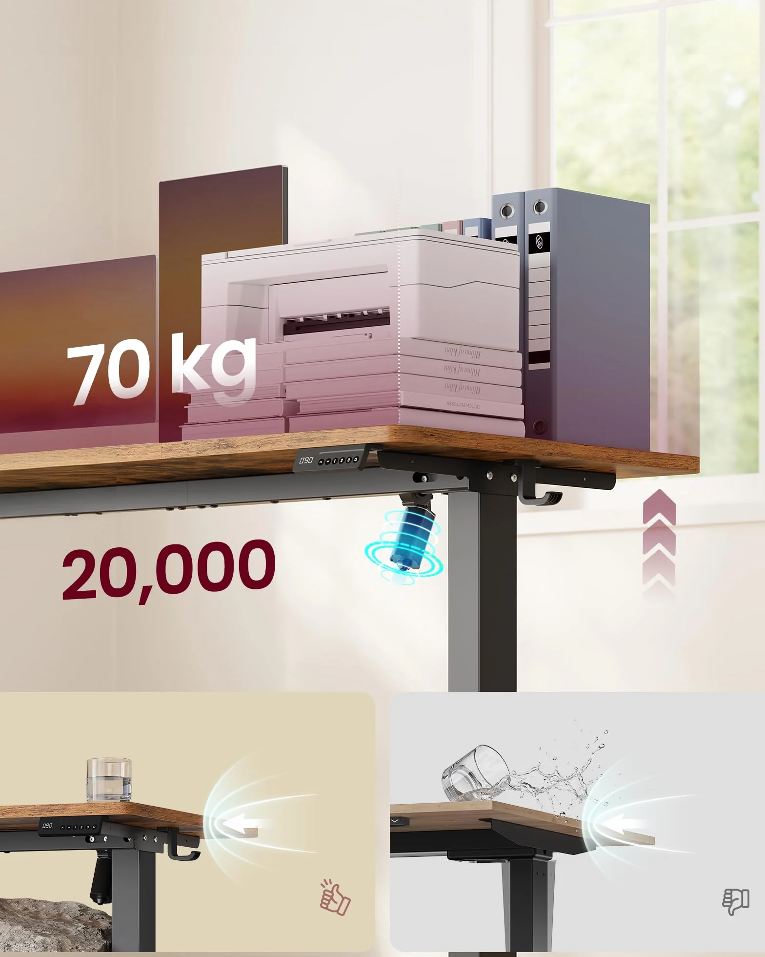 VASAGLE Biurko elektryczne podnoszone ze stali i płyty wiórowej cichy silnik 4 ustawienia pamięci 80 x 50 x (72-120) cm, rustykalny brąz, do biura, kolekcja Balok LSD308KD03