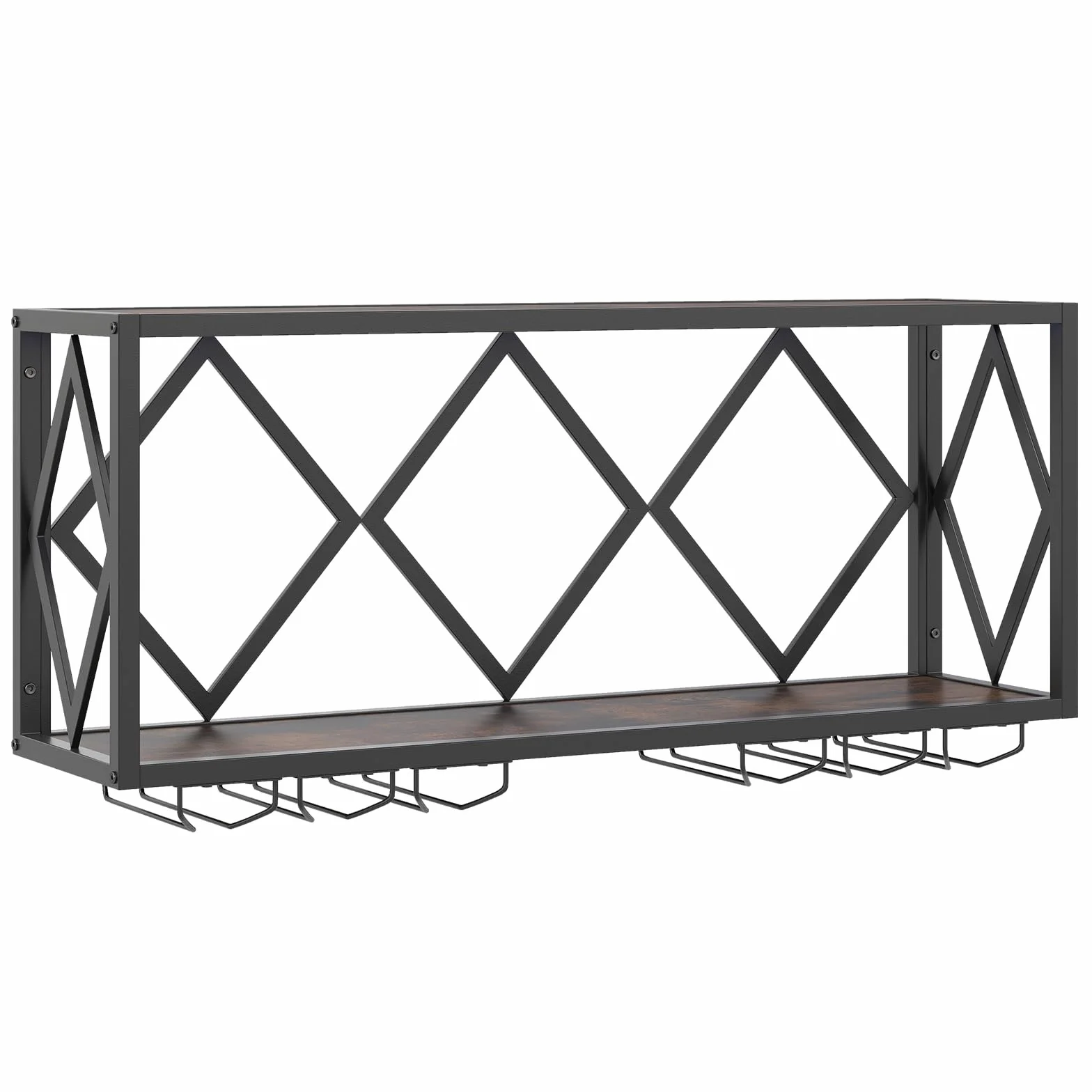 COSTWAY Regał na wino ścienny z oświetleniem LED, 2-poziomowy regał na butelki drewniany z metalowym rama, z 6 rzędami uchwytów na kieliszki do wina, design industrialny, idealny do domu, baru, kuchni