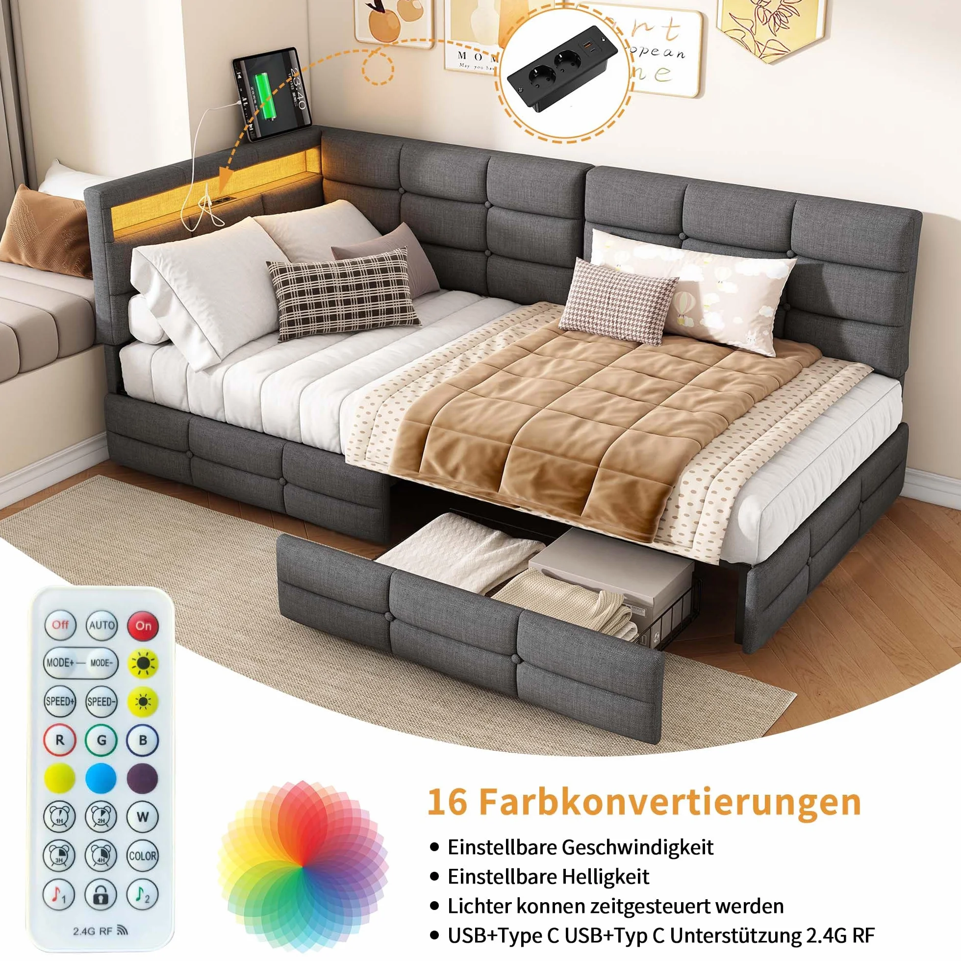 Łóżko 90 x 200 cm, z miejscem do przechowywania, tapicerowane, młodzieżowe, 90 x 200 cm, z diodami LED i USB, sofa z szufladami, pojedyncze łóżko dzienne ze stelażem, łóżko narożne, len, szare