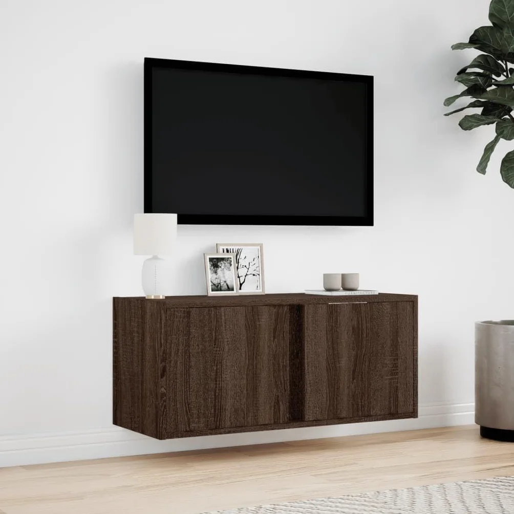 Szafka ścienna z oświetleniem LED, imitacja dębu, 80 x 31 x 35 cm, do salonu, sypialni, schowka, nowoczesna, media