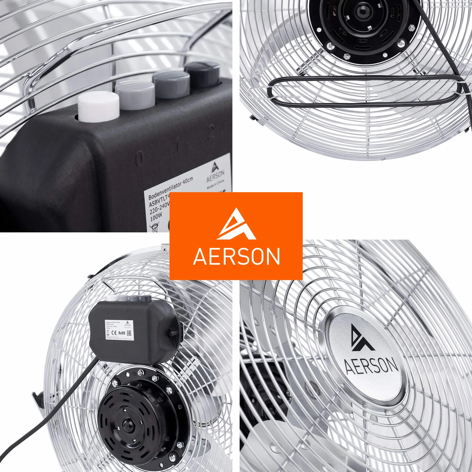Aerson wentylator podłogowy 40 cm, 3 poziomy mocy, 100 W, wysoka przepustowość powietrza, solidne metalowe wykonanie, kąt nachylenia ok. 110 stopni