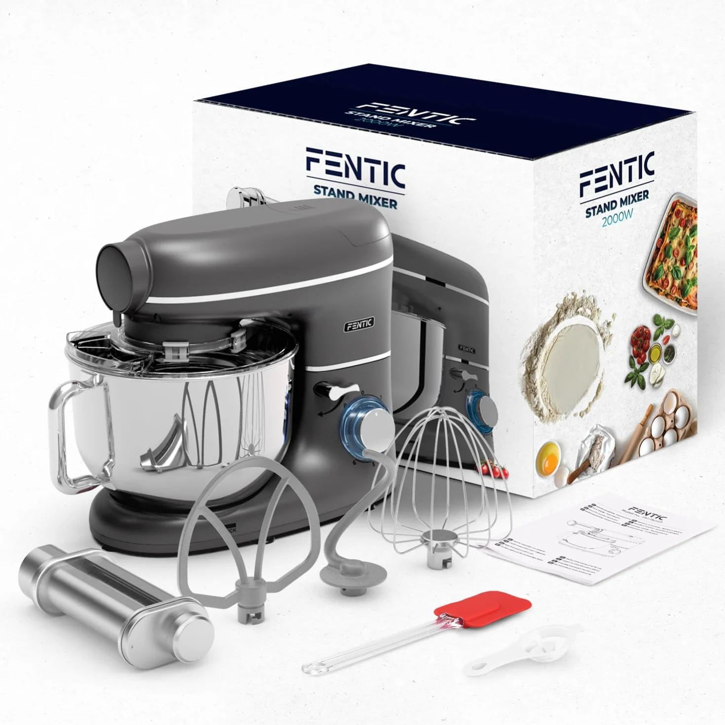 Młynek do ciasta z maszynką do makaronu – 2000W – mieszarka z maszynką do makaronu elektryczna – pasta maker - 6,2L stalowa misa do mieszania (szary)
