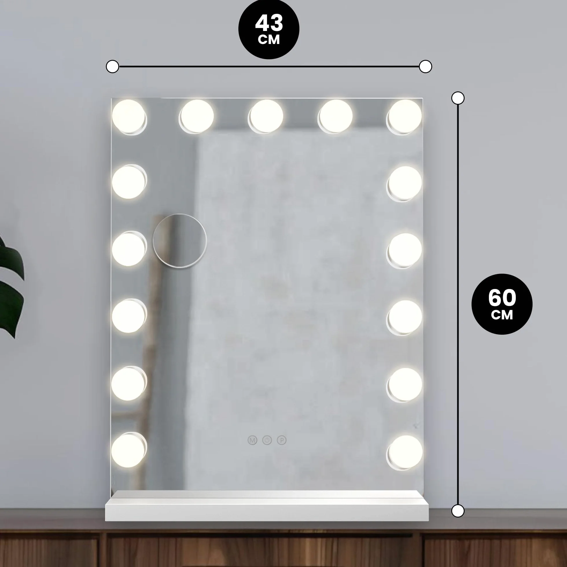 Bayt Hollywood Lusterko do Makijażu z Oświetleniem - Możliwość Ściemniania - Sterowanie Dotykowe - Z Powiększeniem 10x - 60x43 cm- Białe -