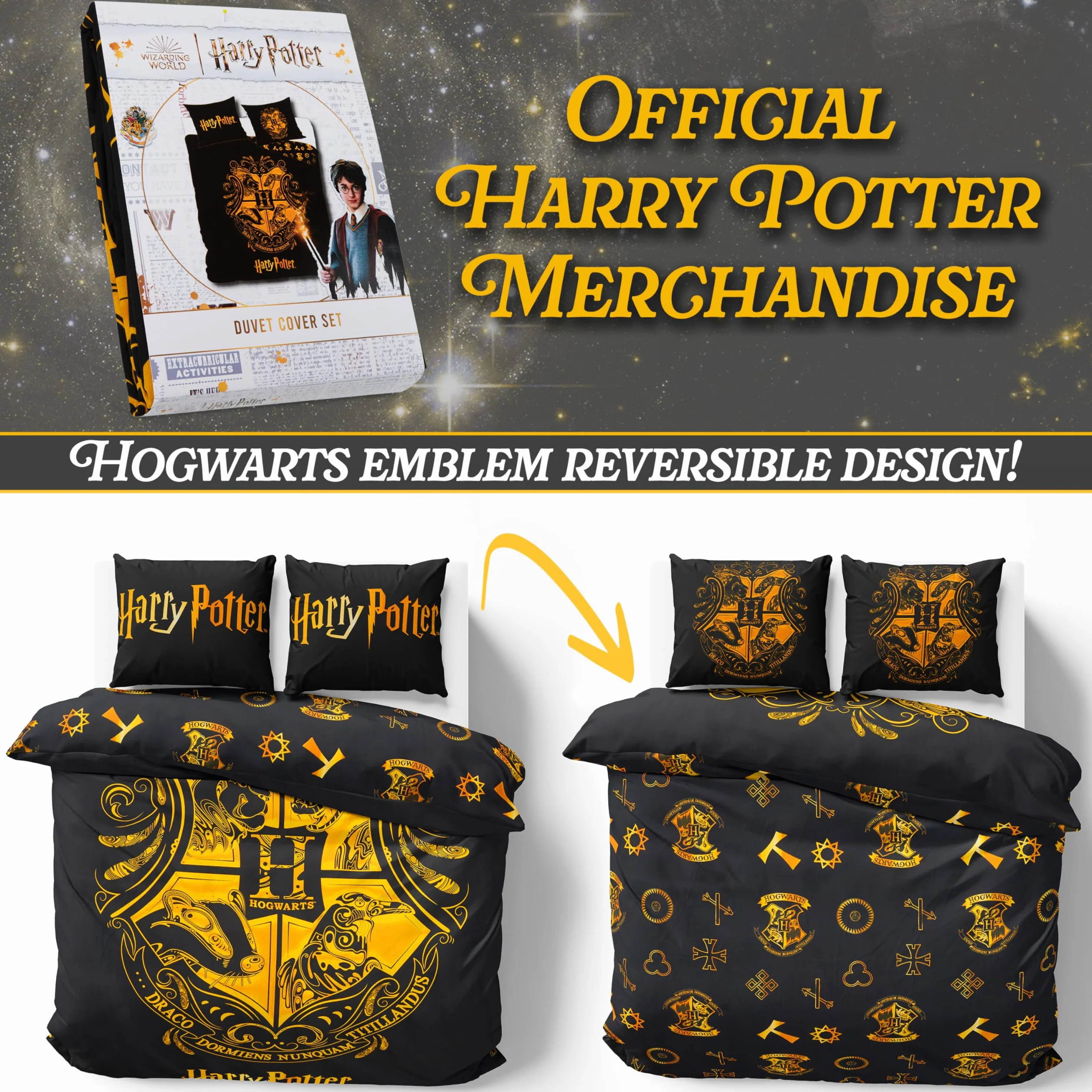 Harry Potter Pościel Zestaw Czarny Podwójny Poszewka na Kołdrę i Poduszkę