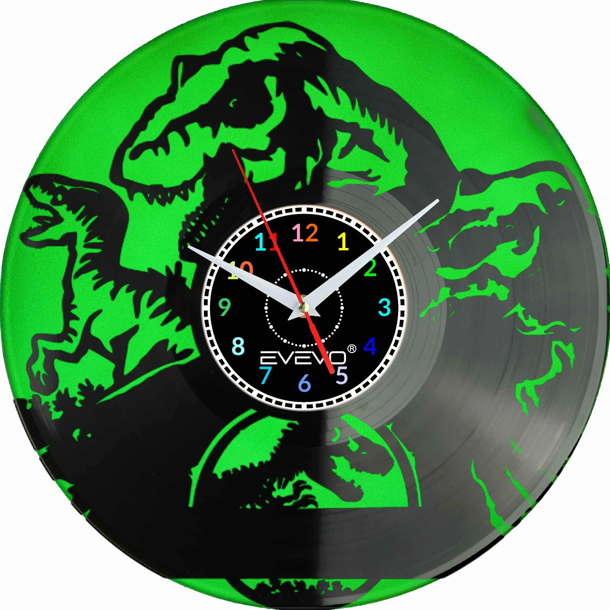 ZEGAR ŚCIENNY DINOZAUR RAPTOR REX GAD PREHISTORYCZNY FLUORESCENCYJNE TŁO PŁYTA WINYLOWA PREZENT UPOMINEK SOUVENIR EVEVO F0070