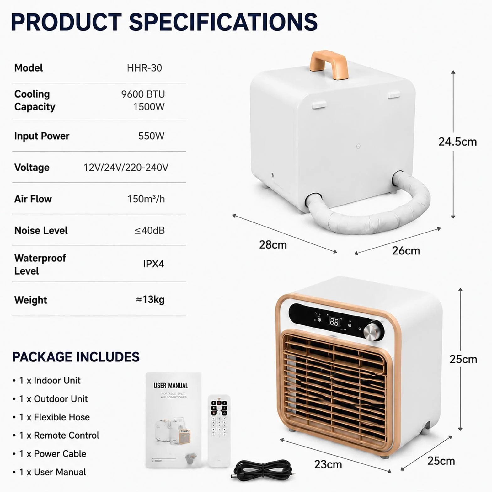 Przenośny klimatyzator 6800 BTU z jednostką zewnętrzną (konstrukcja typu split), moc chłodnicza 1500 W, łatwy w przenoszeniu – do namiotu, przyczepy kempingowej, kampera