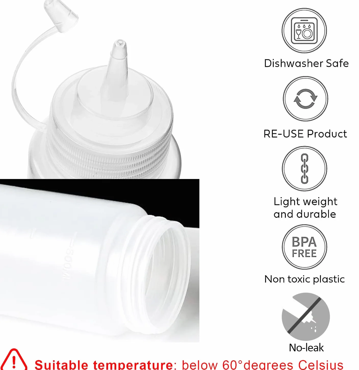 Squeeze butelka dozująca z nakrętkami, 240 ml/500 ml, 6 sztuk, bez BPA, do kapanego ciasta, keczupu, pikantnych butelek z oliwą z oliwek