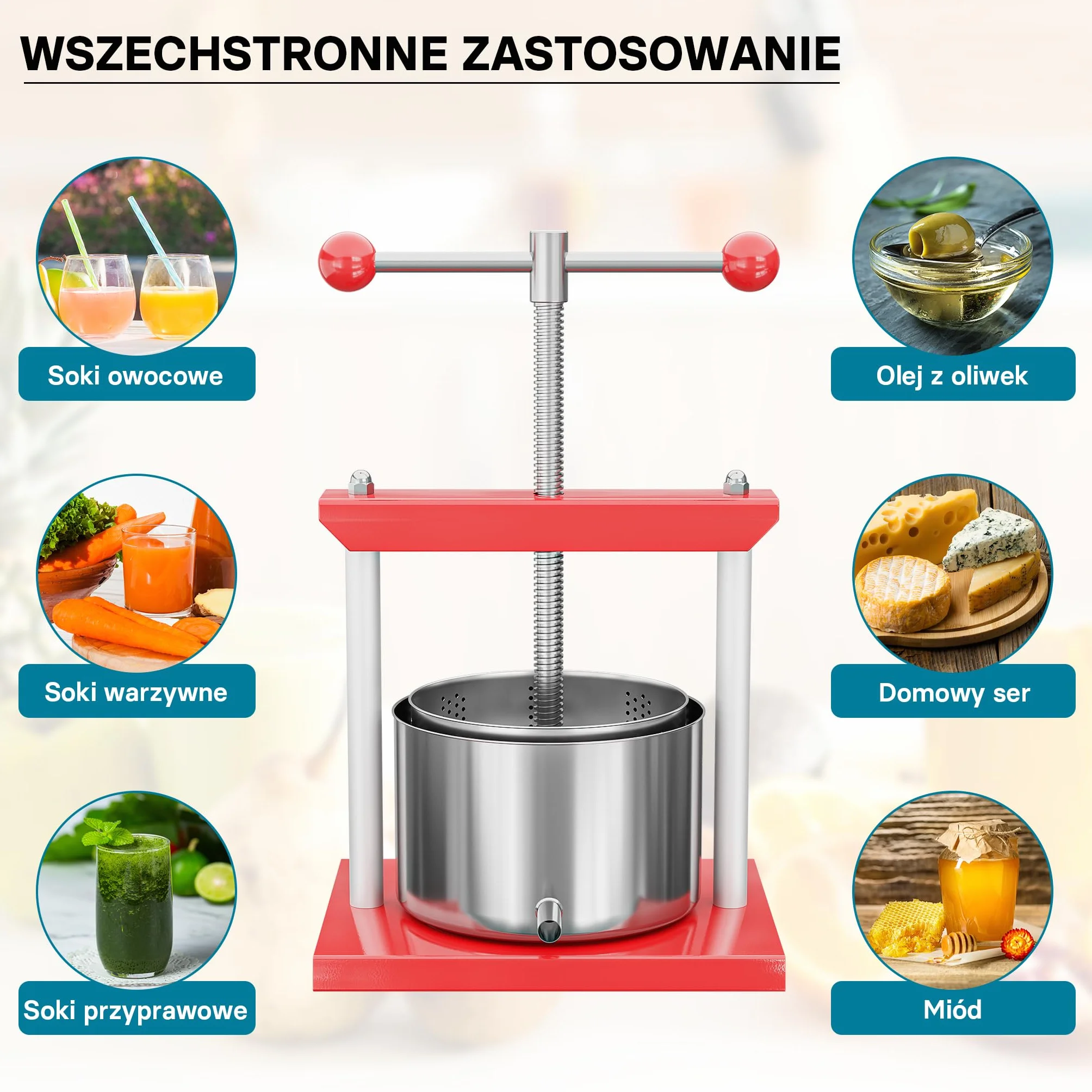 Wiltec Prasa do owoców 6 l, ręczna prasa do tłoczenia soków, wina i oleju ze stali nierdzewnej, prasa śrubowa do jabłek, jagód, serów i ziół