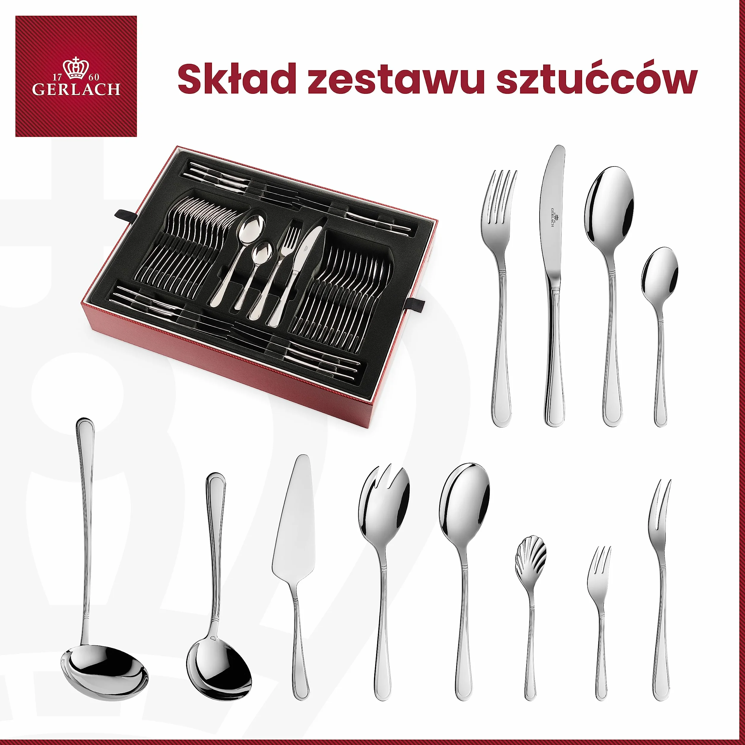 Gerlach Antica Zestaw Sztućców Dla 12 Osób Ze Stali Szlachetnej Nierdzewny Komplet Łyżka Widelec Nóż Obiadowy Łyżeczka Widelczyk Łopatka do Tortu Łyżka do Sałaty Do Zmywarki Połysk 68 El