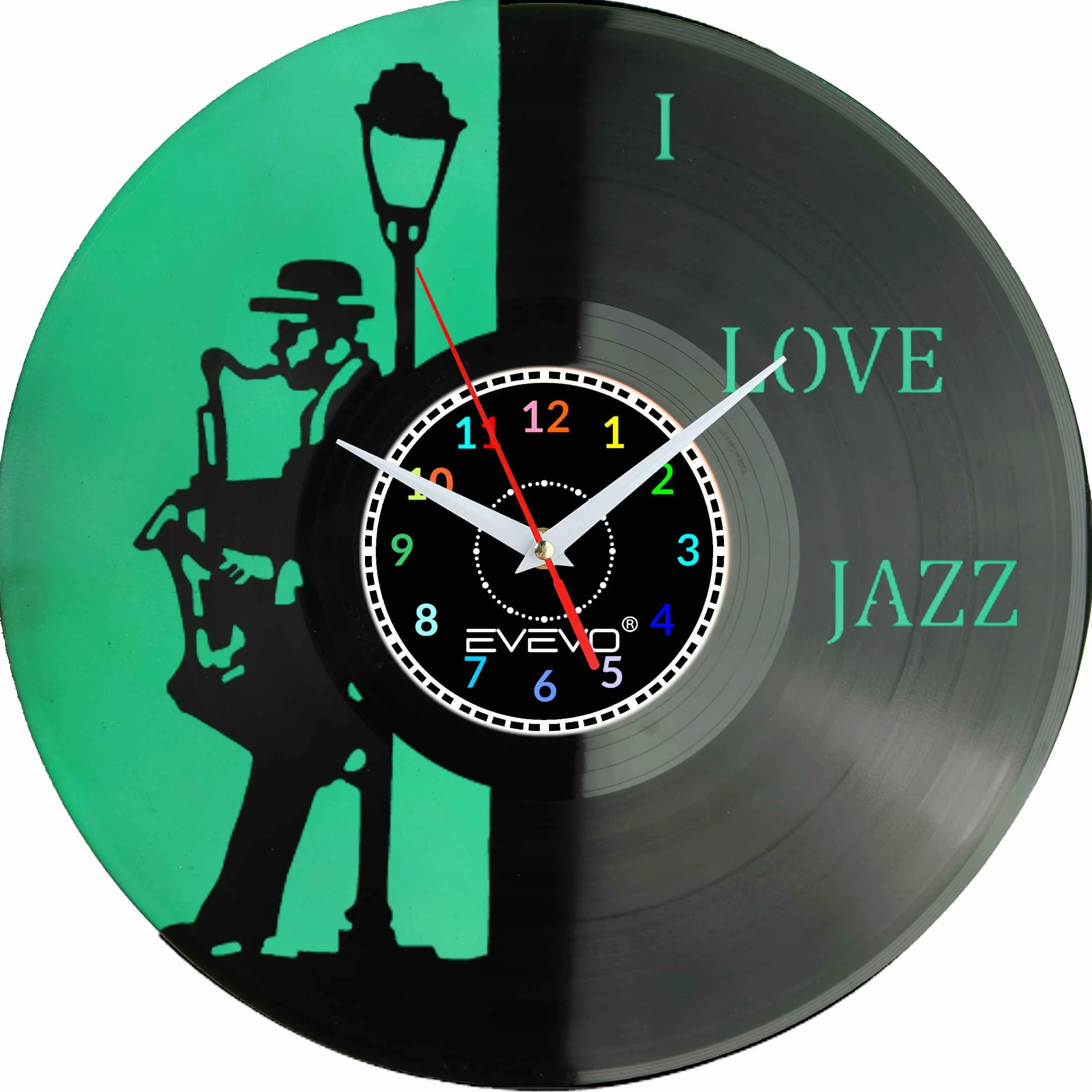 ZEGAR ŚCIENNY LOVE JAZZ MUZYKA SAKSOFON FLUORESCENCYJNE TŁO PŁYTA WINYLOWA PREZENT UPOMINEK GIFT SOUVENIR EVEVO F0077