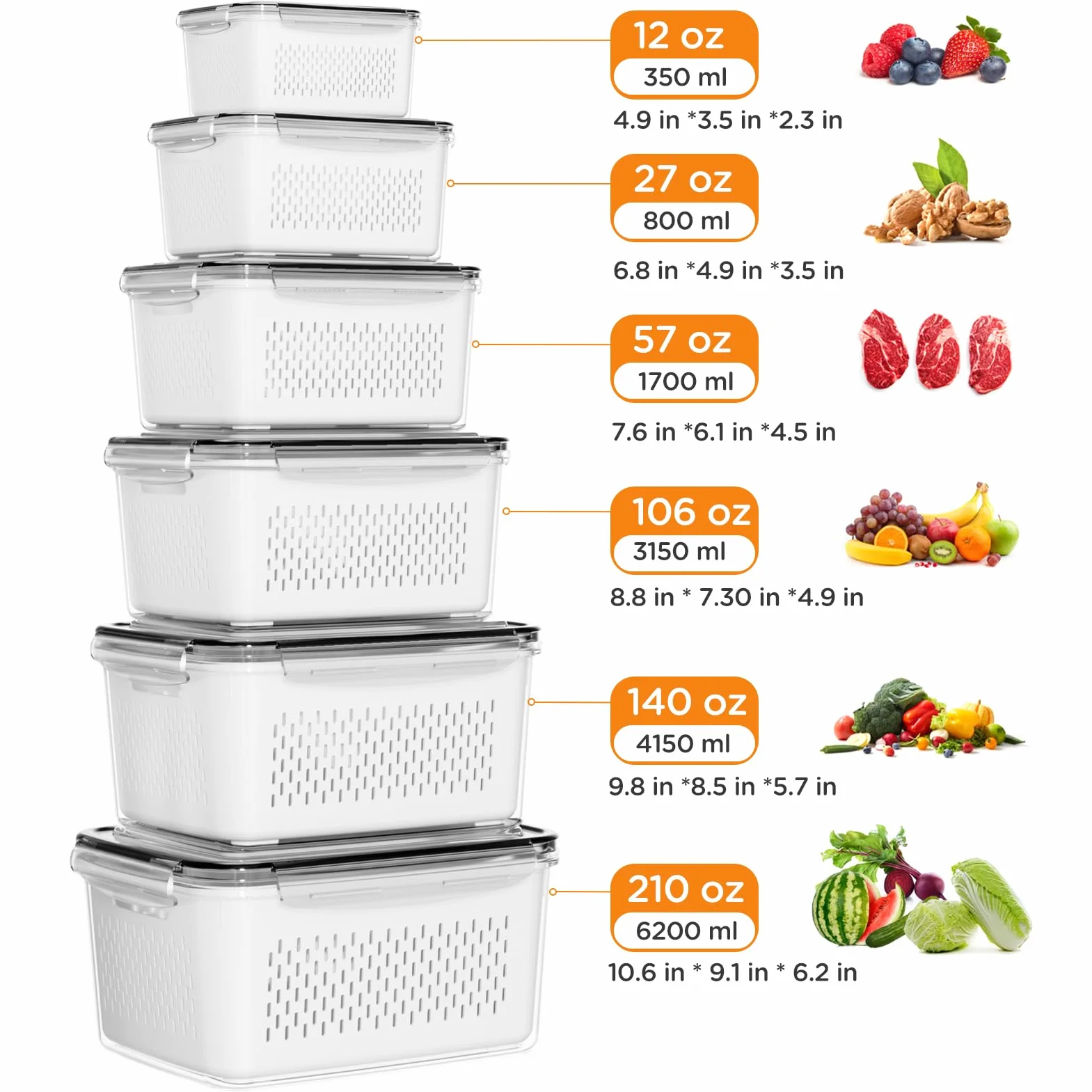 Pojemniki do przechowywania owoców do lodówki ze zdejmowanymi durszlakami, 5 plastikowych pojemników do przechowywania żywności z 5 pokrywkami, szczelne pojemniki na produkty, utrzymują owoce,