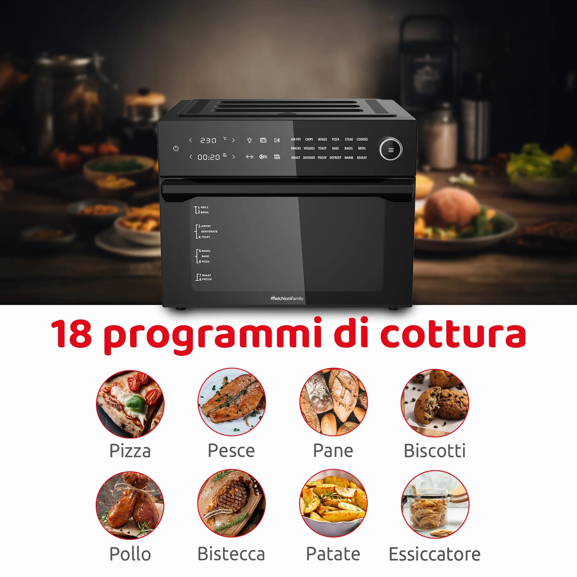 Melchioni Family BENEDETTA frytkownica powietrzna o pojemności 30 litrów, wyświetlacz cyfrowy, funkcja Dual Cook, Air Fryer z 18 programami, 30-230°, 12 h, czarny