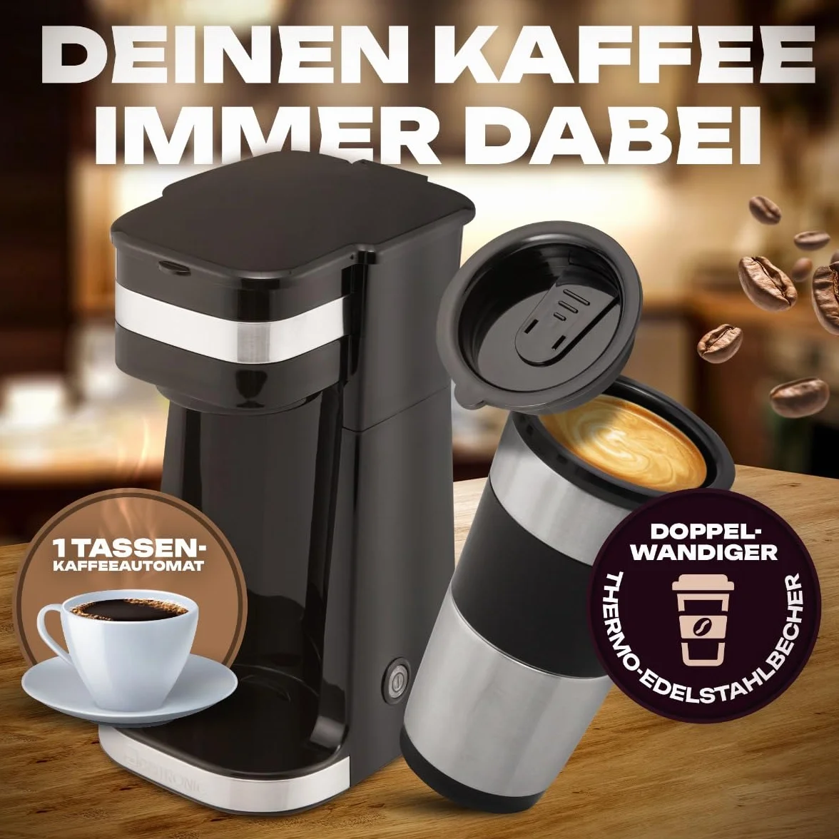 Clatronic KA 3733 ekspres do kawy z kubkiem ze stali nierdzewnej 0,4 l, 2 GB, idealny do samochodu, biura i w podróży, czarny