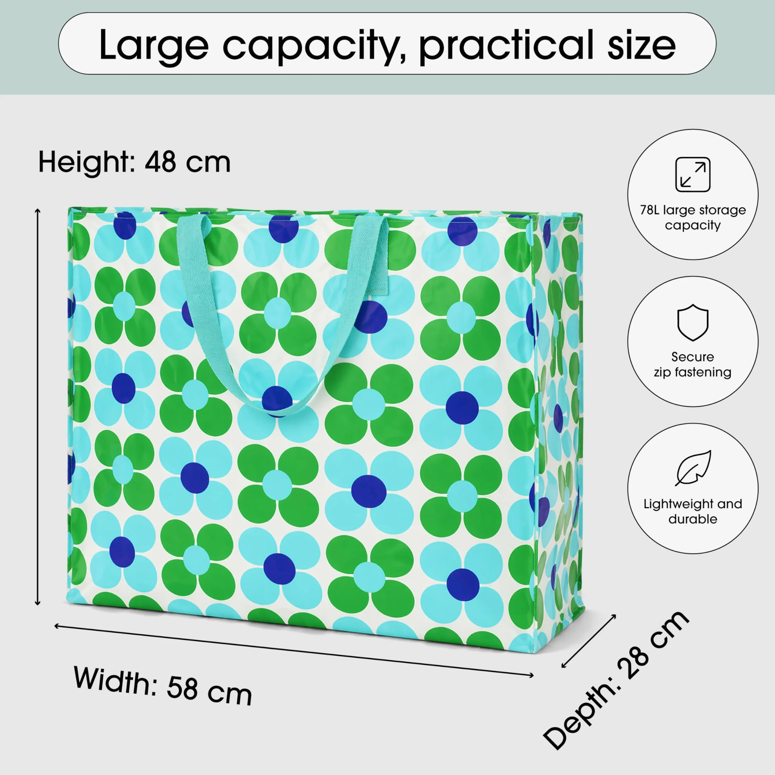 Rex London - Gigantyczna torba XXL, torba do przechowywania z zamkiem błyskawicznym, kolorowy wzór (Daisy blue/green)