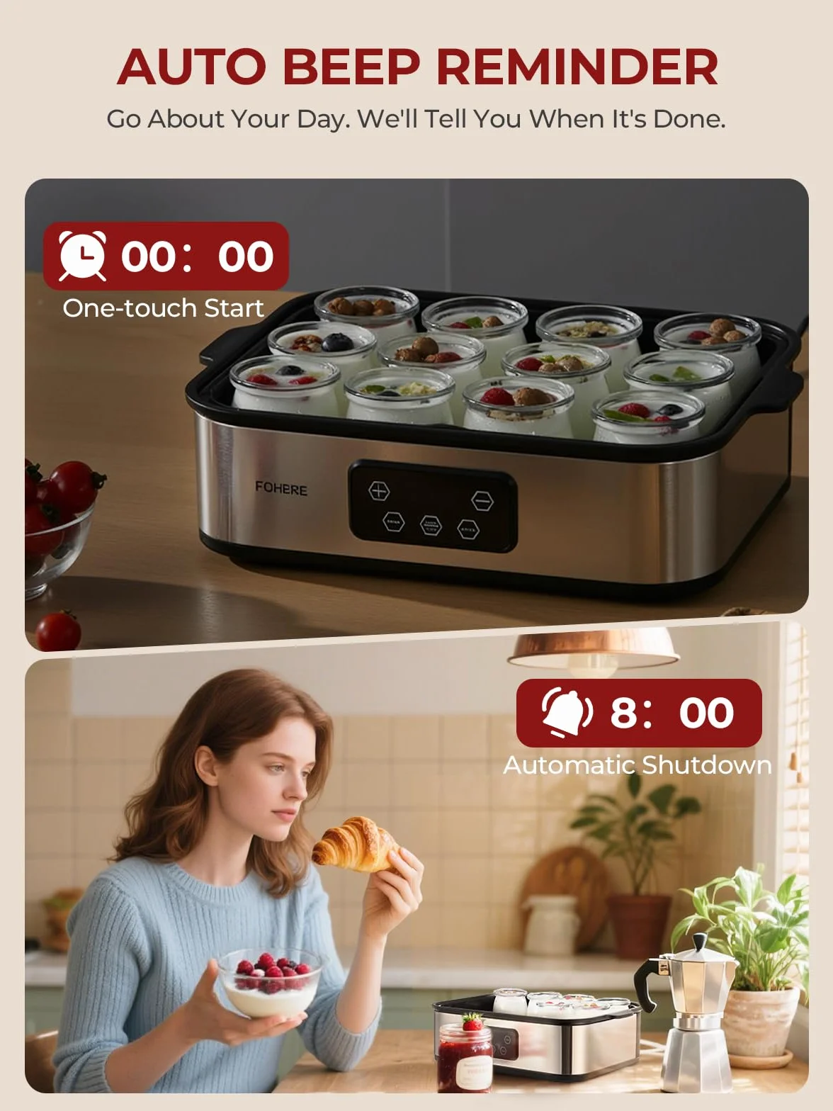 FOHERE Jogurtownica 25W Zawierająca 12 Szklanych Pojemników à 180 ml Na Aż 2,16L Domowego Jogurtu, Grecka Maszyna Do Jogurtu Z Temperaturą I Timerem, Wyświetlacz LCD, Automatyczne Wyłączanie