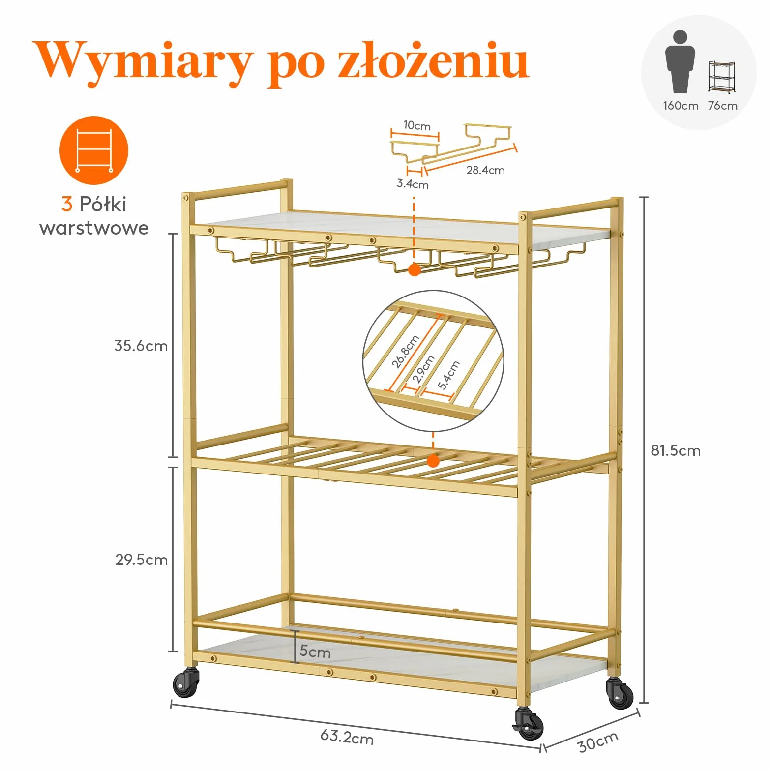 Wózek na napoje Lifewit, 3-poziomowy wózek barowy z blokowanymi kółkami, stojakiem na wino i uchwytami na kieliszki, domowe wózki barowe i serwujące do kuchni, jadalni, 63,2x30x81,5 cm, złoto