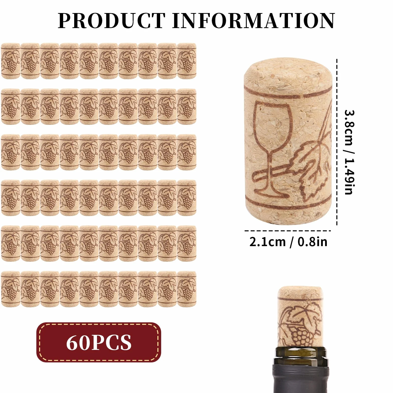 Korki do majsterkowania, 60 sztuk korków do wina – 21 x 38 mm, korki naturalne, do wina, szampana, do majsterkowania, korków i dekoracji